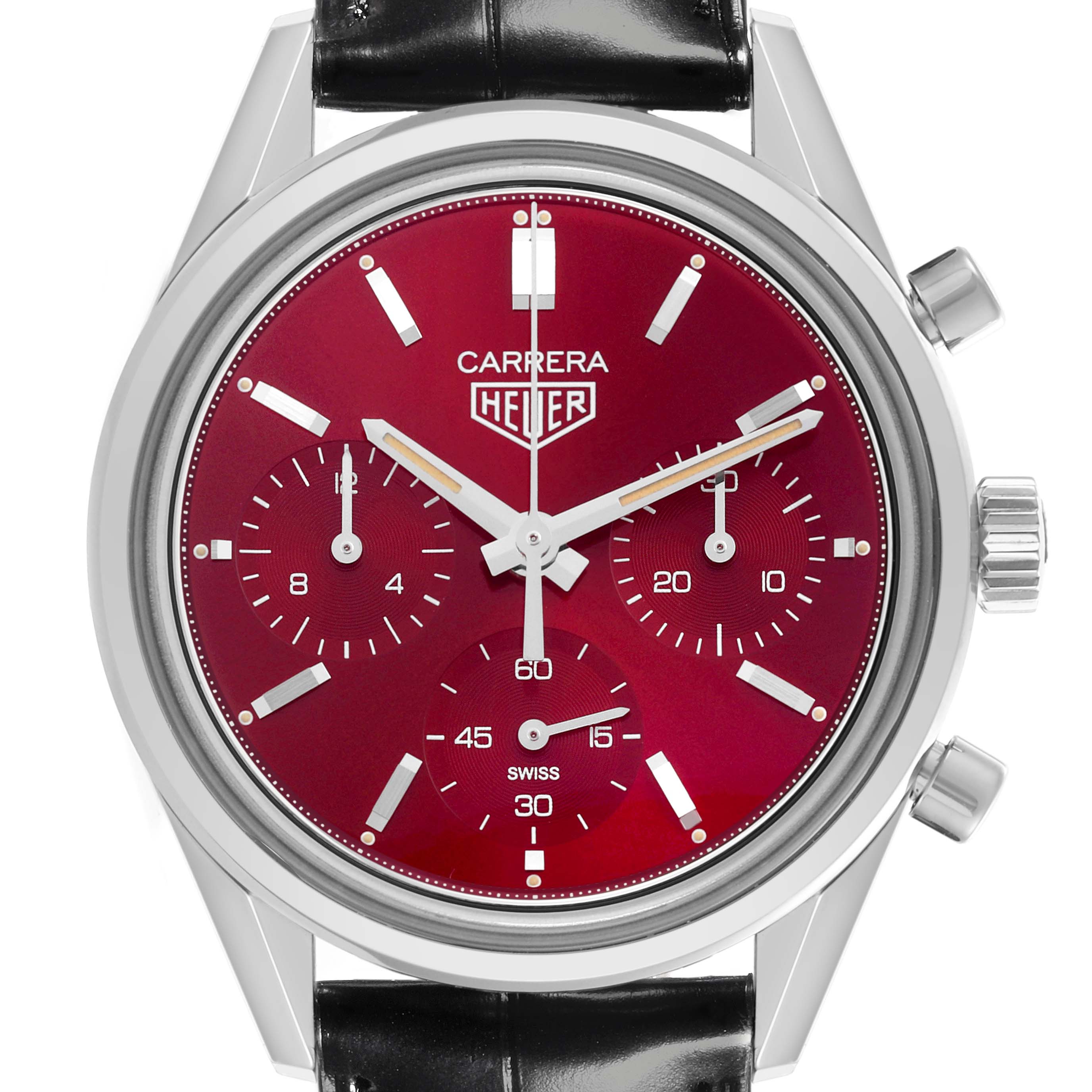 The Tag Heuer Carrera CBK221G.FC6479 Men's Stainless Steel Red Dial CBK221G.FC6479 Men's Stainless Steel Red Dial watch is shown from a front angle, displaying the red dial, chronograph sub-dials, and stainless steel case.
