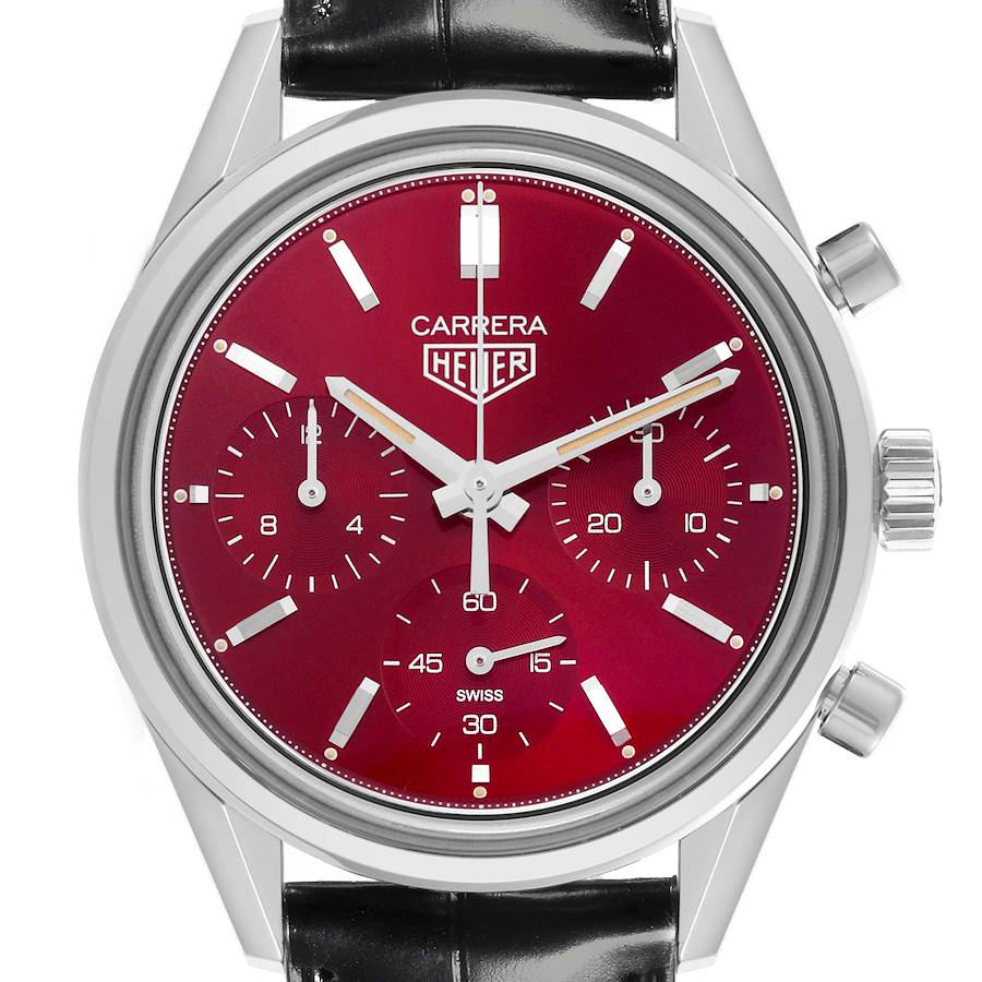 The Tag Heuer Carrera watch is shown from a front angle, displaying the red dial, chronograph sub-dials, and stainless steel case.