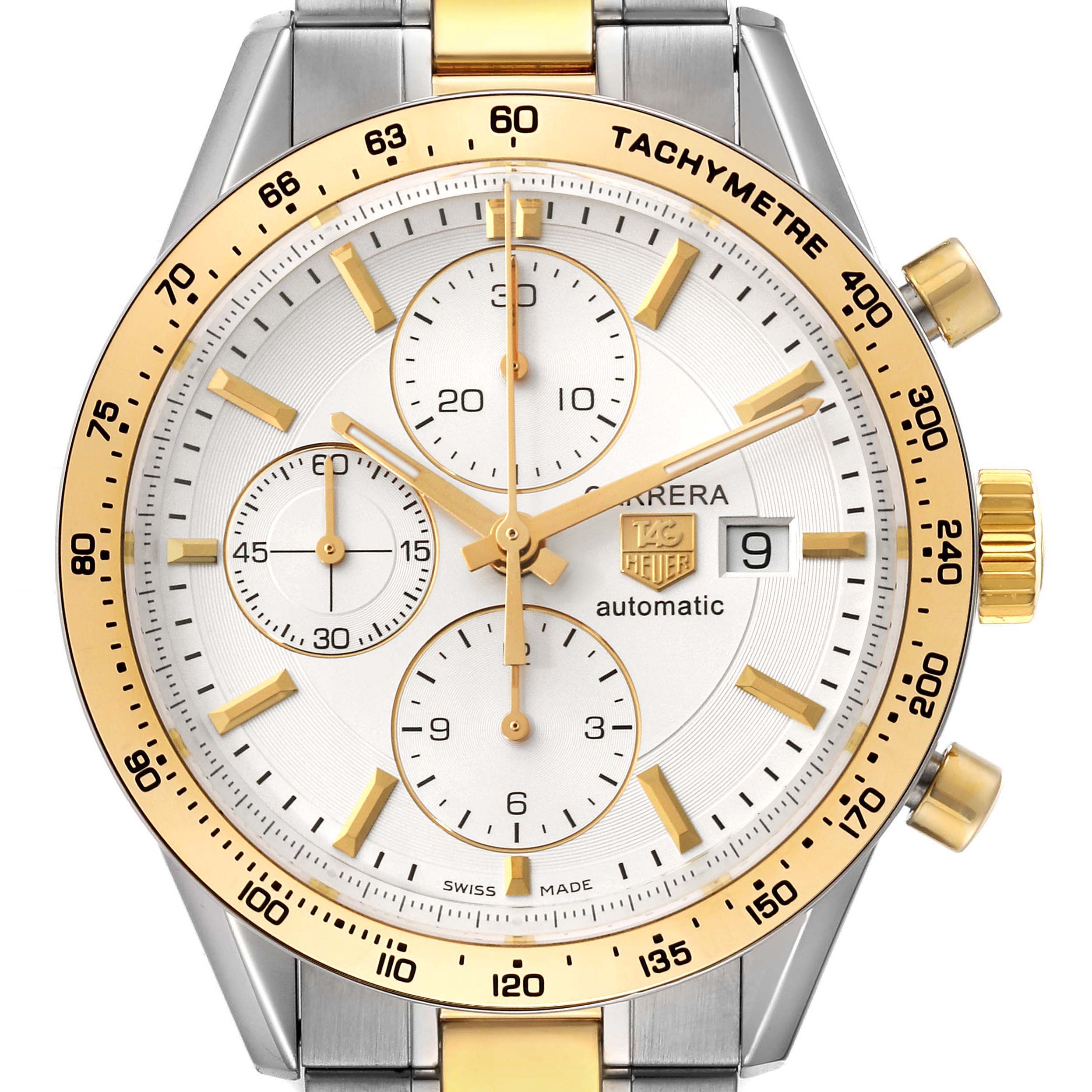 The image shows a frontal view of the Tag Heuer Carrera CV2050.BD0789 Men's Steel and Gold (two tone) Silver Dial CV2050.BD0789 Men's Steel and Gold (two tone) Silver Dial model watch's face with a gold bezel and chronograph features.