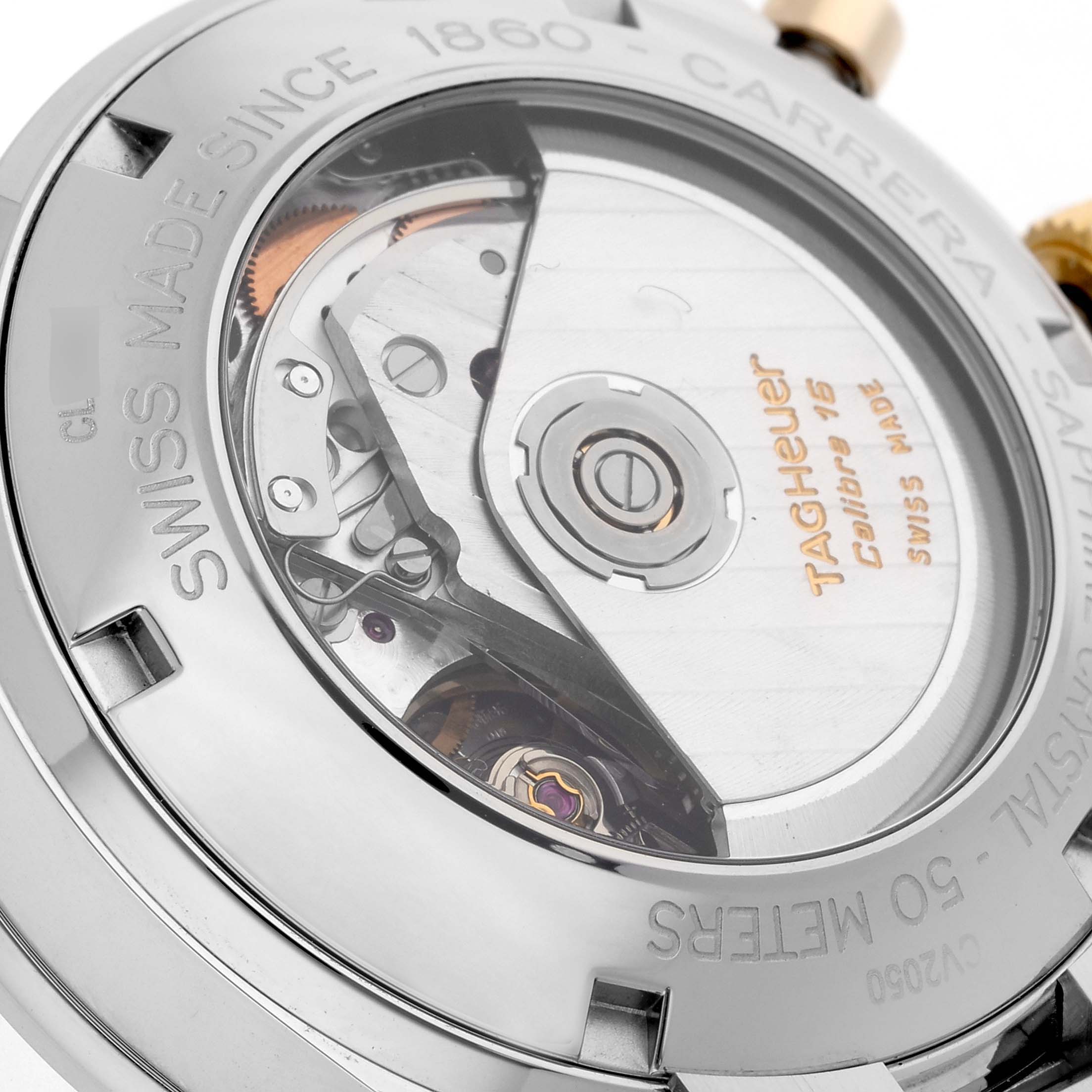 The image shows the back view of a Tag Heuer Carrera CV2050.BD0789 Men's Steel and Gold (two tone) Silver Dial CV2050.BD0789 Men's Steel and Gold (two tone) Silver Dial watch, highlighting the Calibre 16 Swiss movement mechanism.