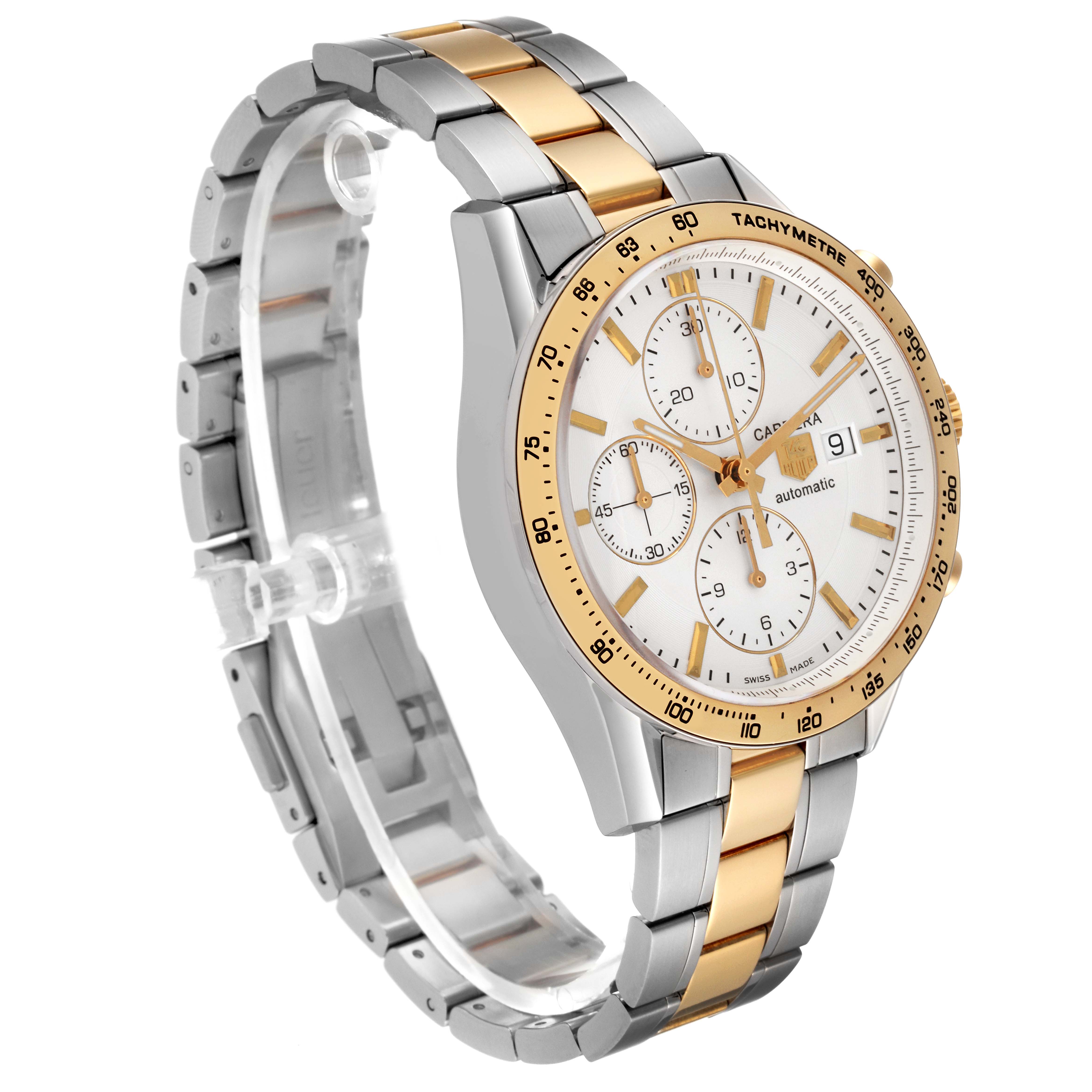 The image shows a Tag Heuer Carrera CV2050.BD0789 Men's Steel and Gold (two tone) Silver Dial CV2050.BD0789 Men's Steel and Gold (two tone) Silver Dial watch at a three-quarter angle, highlighting its silver and gold bracelet, tachymeter bezel, and chronograph dial.