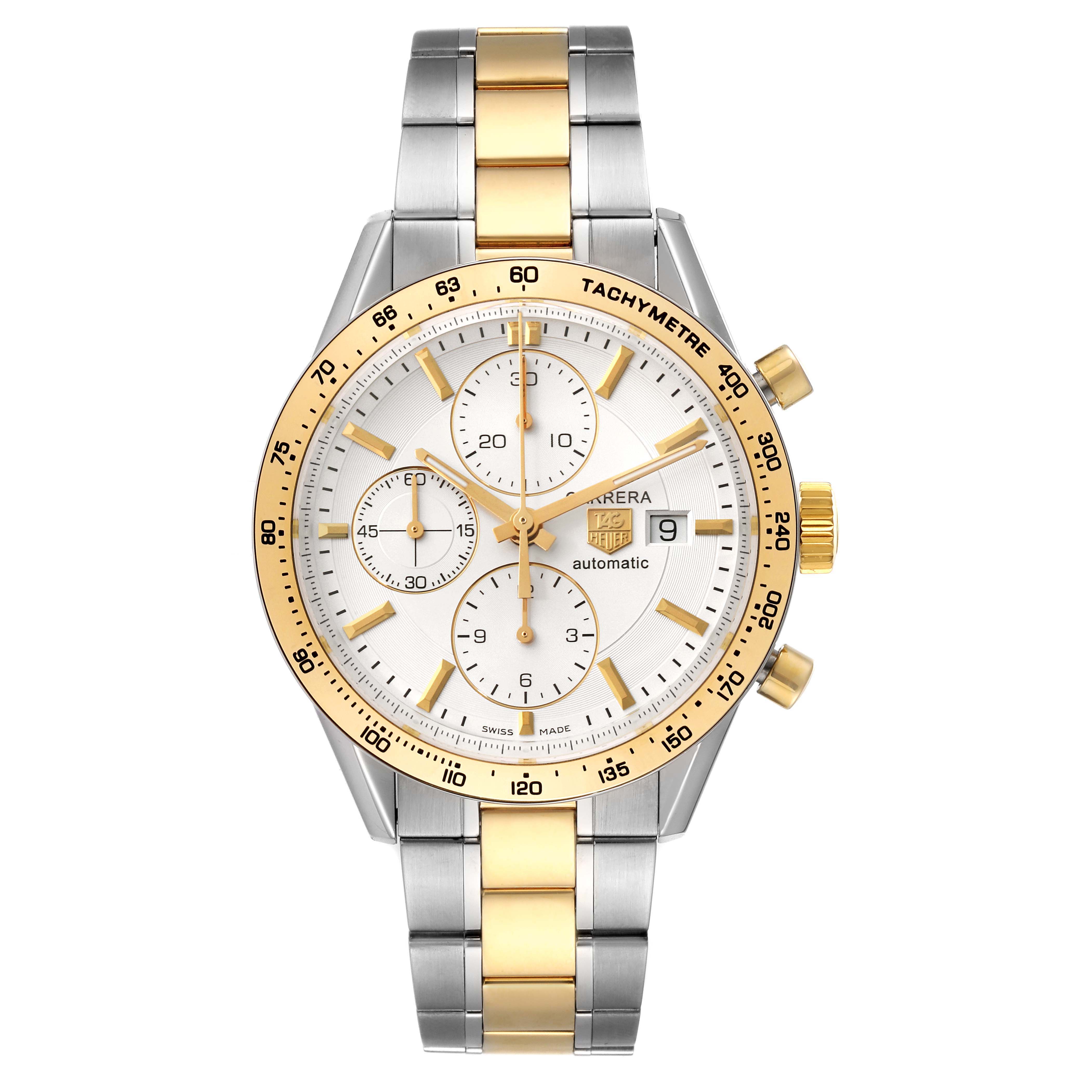 The image shows a frontal view of a Tag Heuer Carrera CV2050.BD0789 Men's Steel and Gold (two tone) Silver Dial CV2050.BD0789 Men's Steel and Gold (two tone) Silver Dial model watch, highlighting its dial, bracelet, and crown.