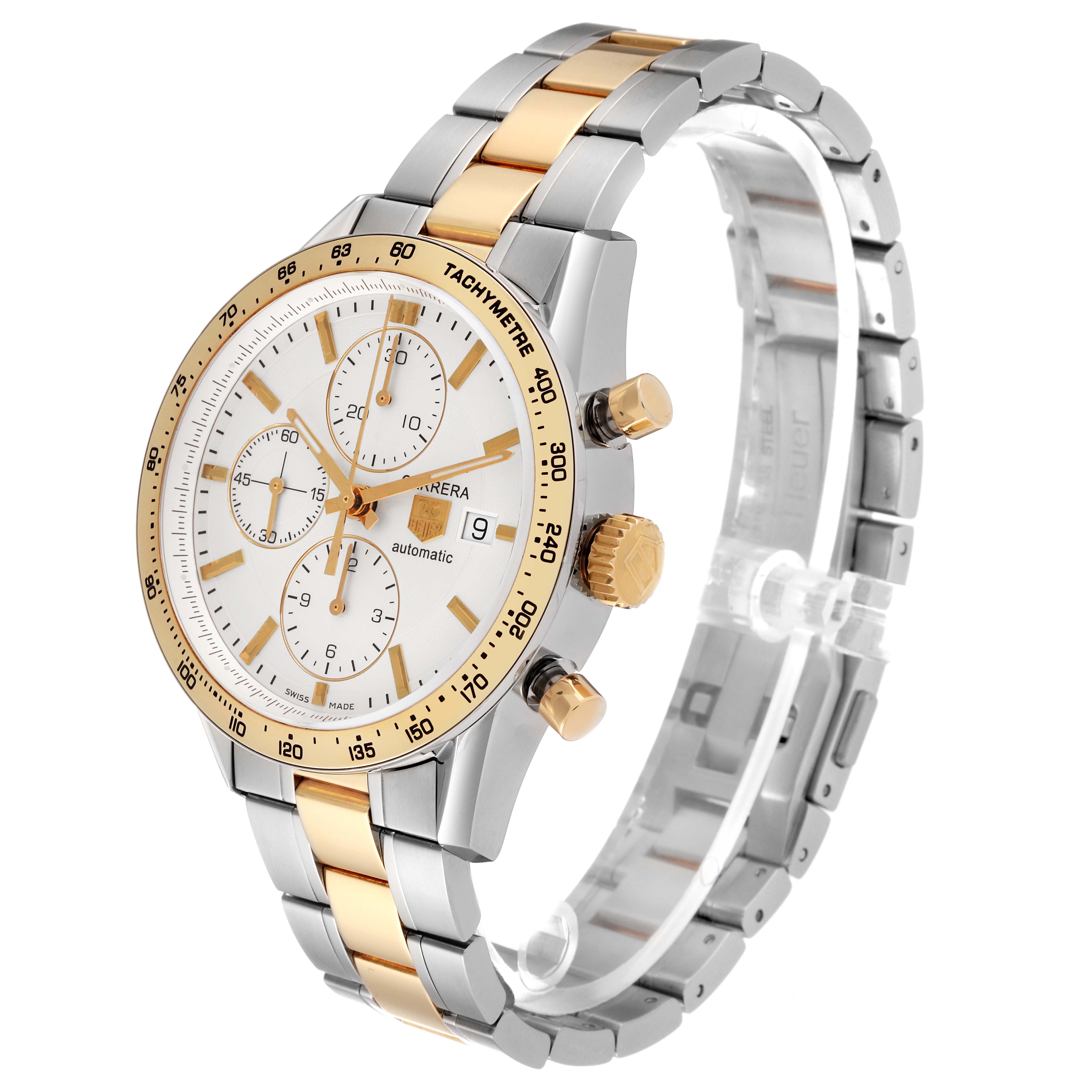 This image shows a side angle of a Tag Heuer Carrera CV2050.BD0789 Men's Steel and Gold (two tone) Silver Dial CV2050.BD0789 Men's Steel and Gold (two tone) Silver Dial watch, highlighting its gold and silver bracelet and three sub-dials.