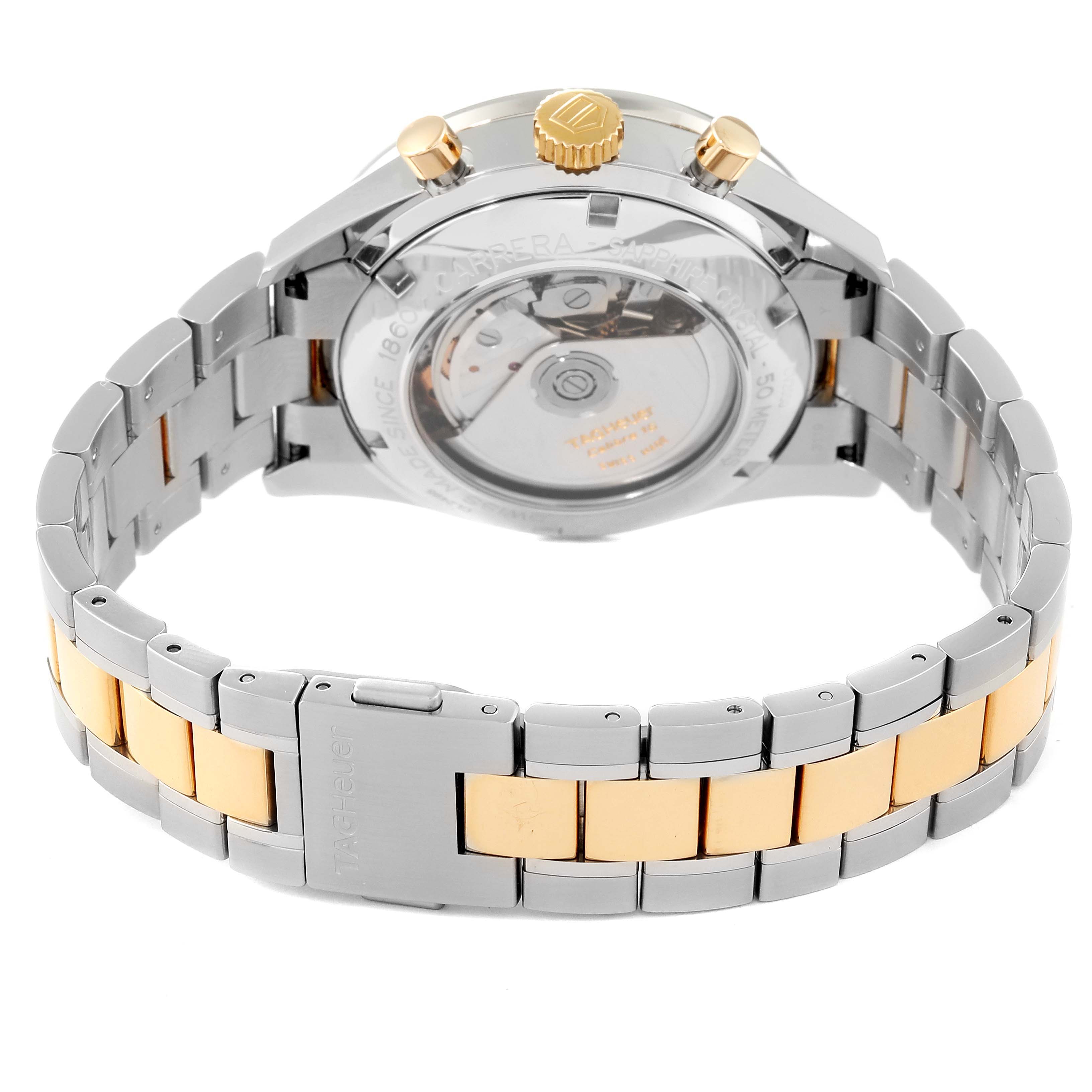 The image shows the back view of the Tag Heuer Carrera CV2050.BD0789 Men's Steel and Gold (two tone) Silver Dial CV2050.BD0789 Men's Steel and Gold (two tone) Silver Dial watch, highlighting its bracelet and transparent case back.