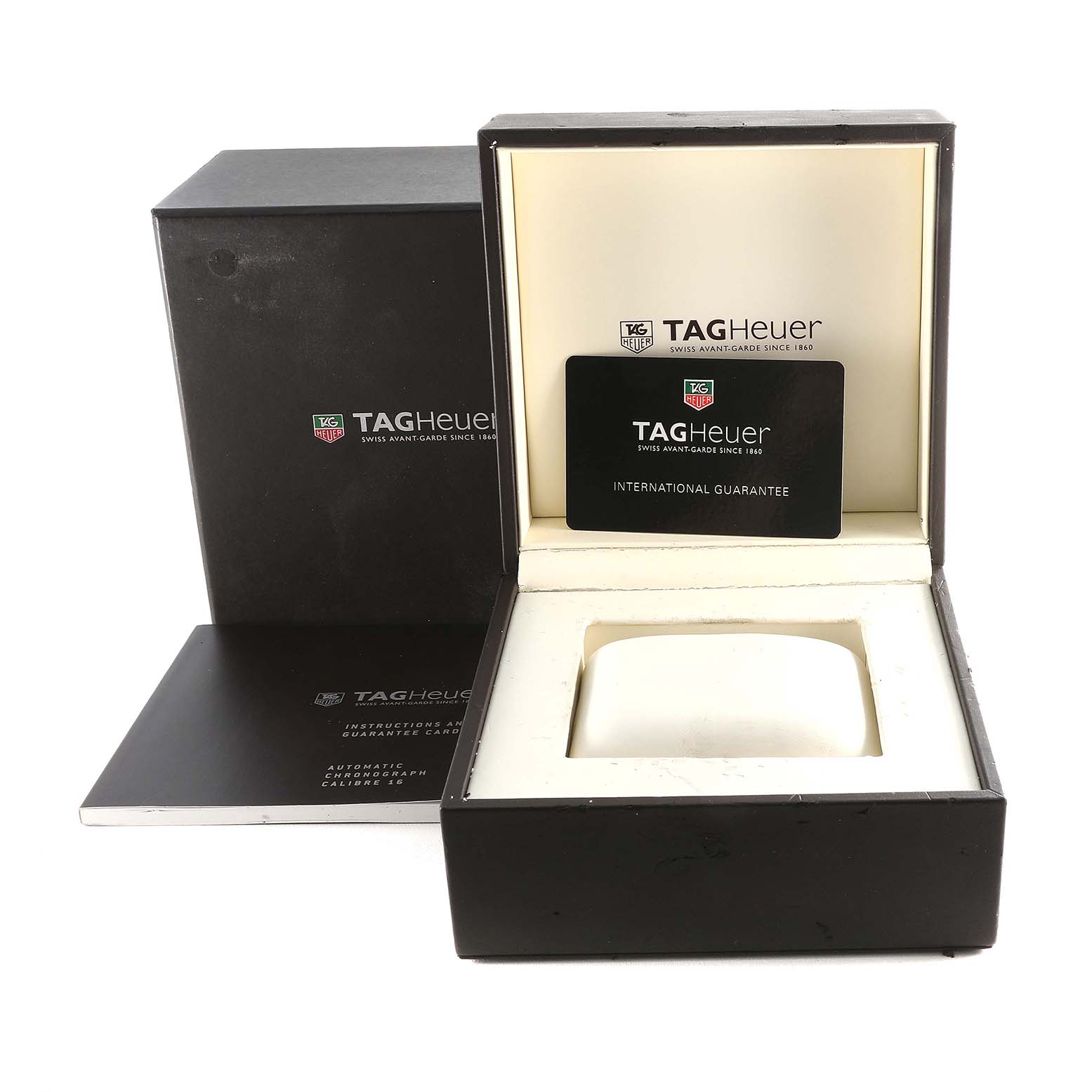 The image shows the Tag Heuer Carrera CV2050.BD0789 Men's Steel and Gold (two tone) Silver Dial CV2050.BD0789 Men's Steel and Gold (two tone) Silver Dial watch box with its international guarantee card and an instruction manual.