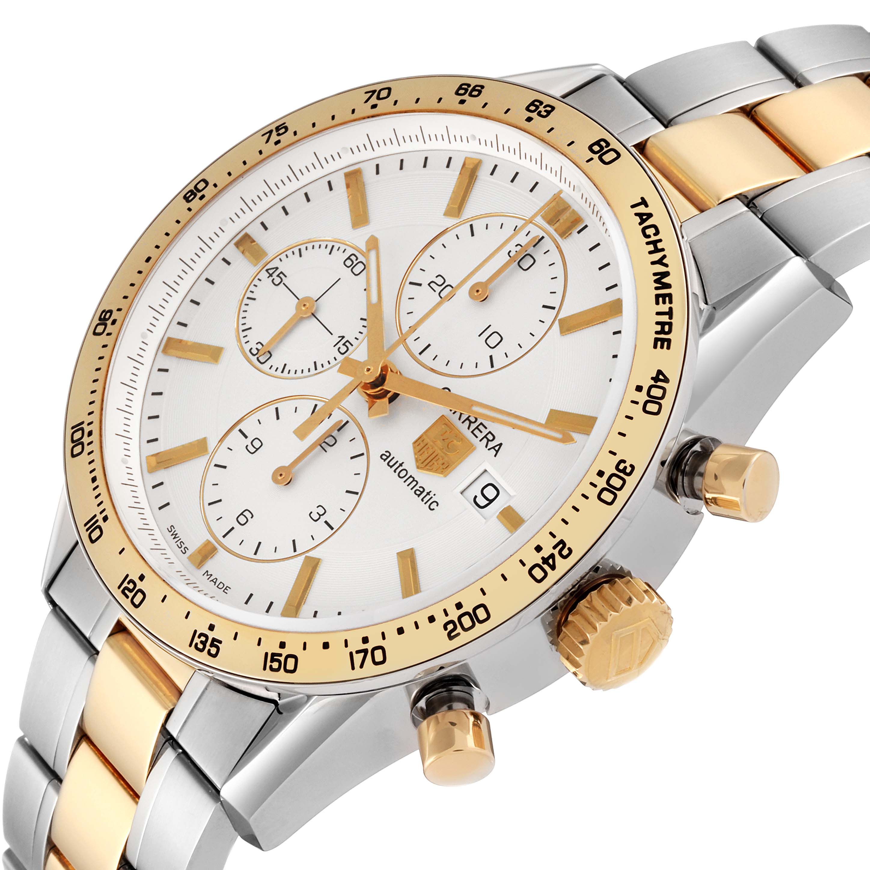 The image shows a Tag Heuer Carrera CV2050.BD0789 Men's Steel and Gold (two tone) Silver Dial CV2050.BD0789 Men's Steel and Gold (two tone) Silver Dial watch at a slight angle, highlighting its dial, bezel, crown, pushers, and part of the bracelet.