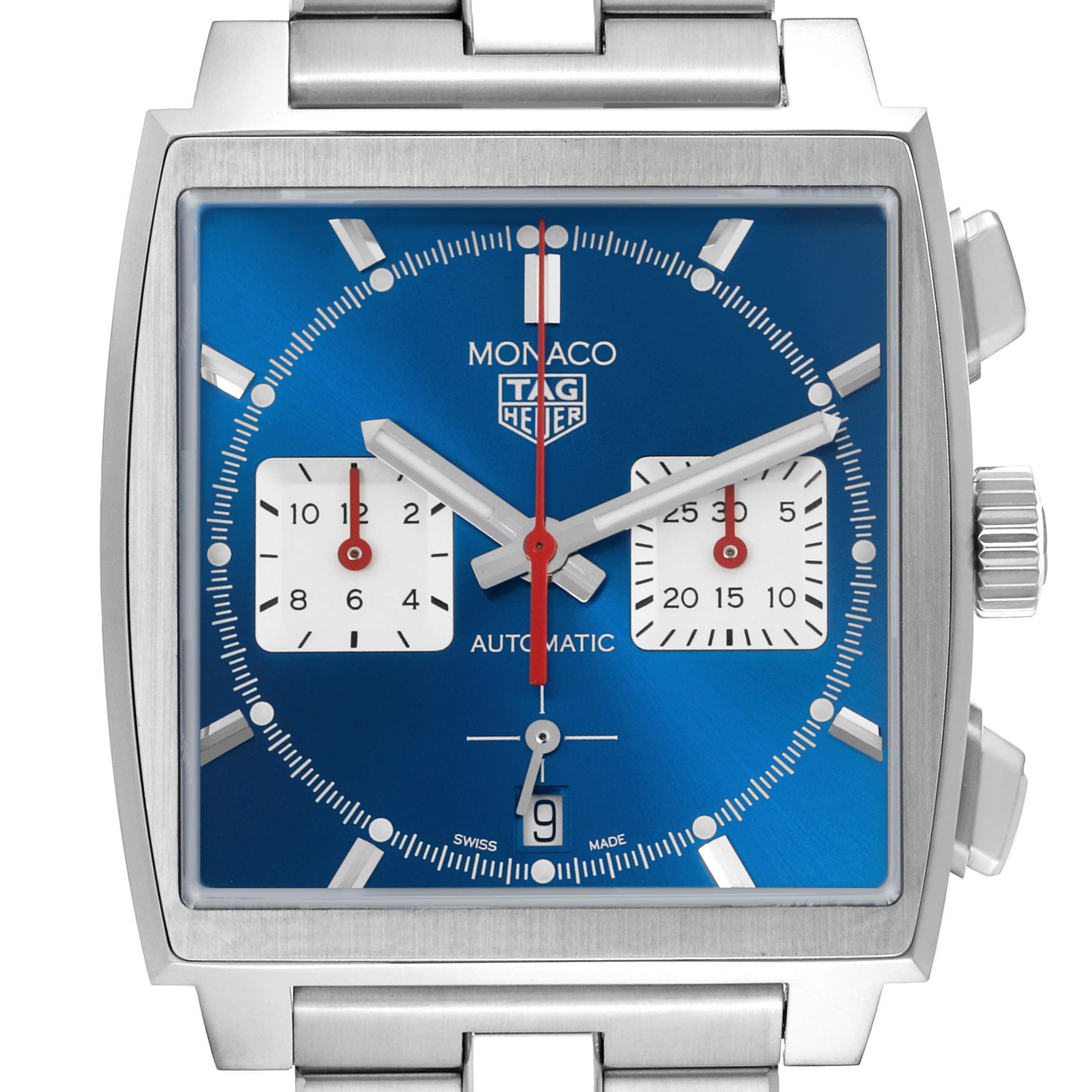 The image shows a frontal view of the Tag Heuer Monaco CBL2111.BA0644 Men's Stainless Steel Blue Dial CBL2111.BA0644 Men's Stainless Steel Blue Dial watch, displaying the blue dial, subdials, case, and part of the bracelet.