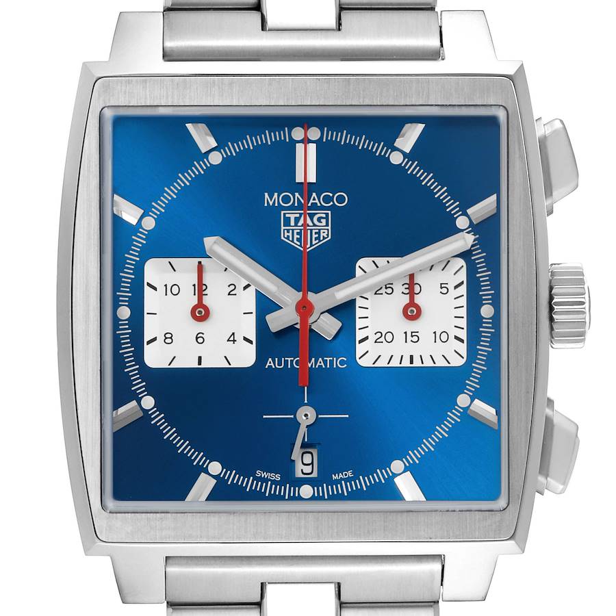 The image shows a frontal view of the Tag Heuer Monaco watch, displaying the blue dial, subdials, case, and part of the bracelet.