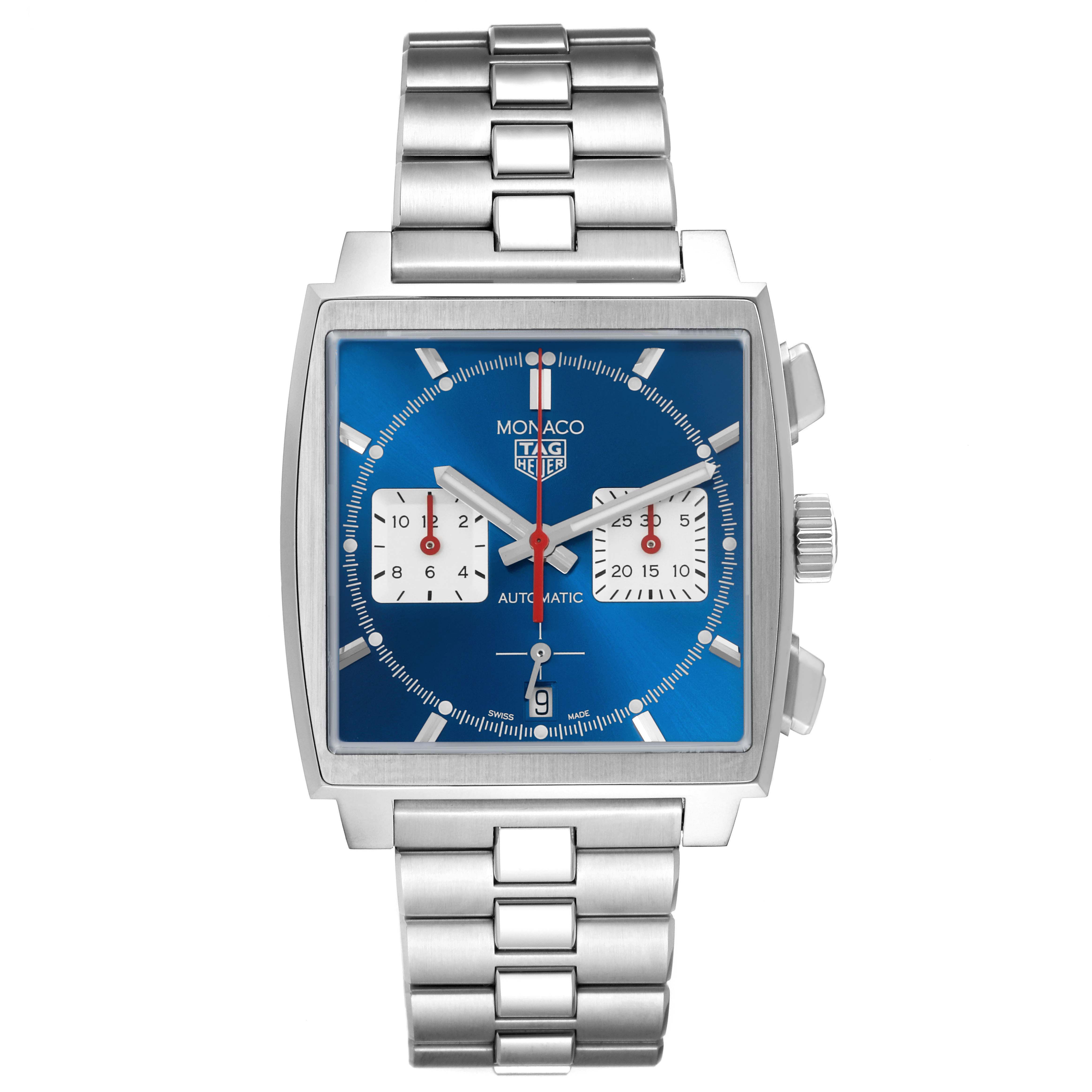 The Tag Heuer Monaco CBL2111.BA0644 Men's Stainless Steel Blue Dial CBL2111.BA0644 Men's Stainless Steel Blue Dial watch is shown front-facing, highlighting its square dial, chronograph subdials, and metal bracelet.