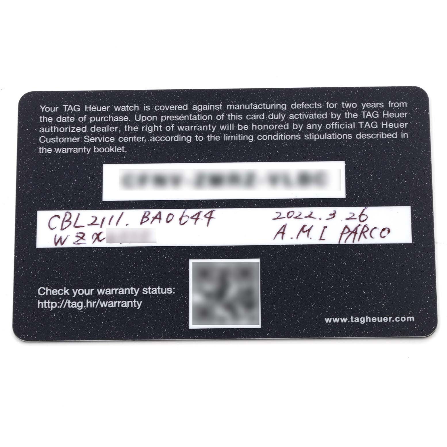 The image shows a warranty card for a Tag Heuer Monaco CBL2111.BA0644 Men's Stainless Steel Blue Dial CBL2111.BA0644 Men's Stainless Steel Blue Dial watch, displaying model details and purchase information.