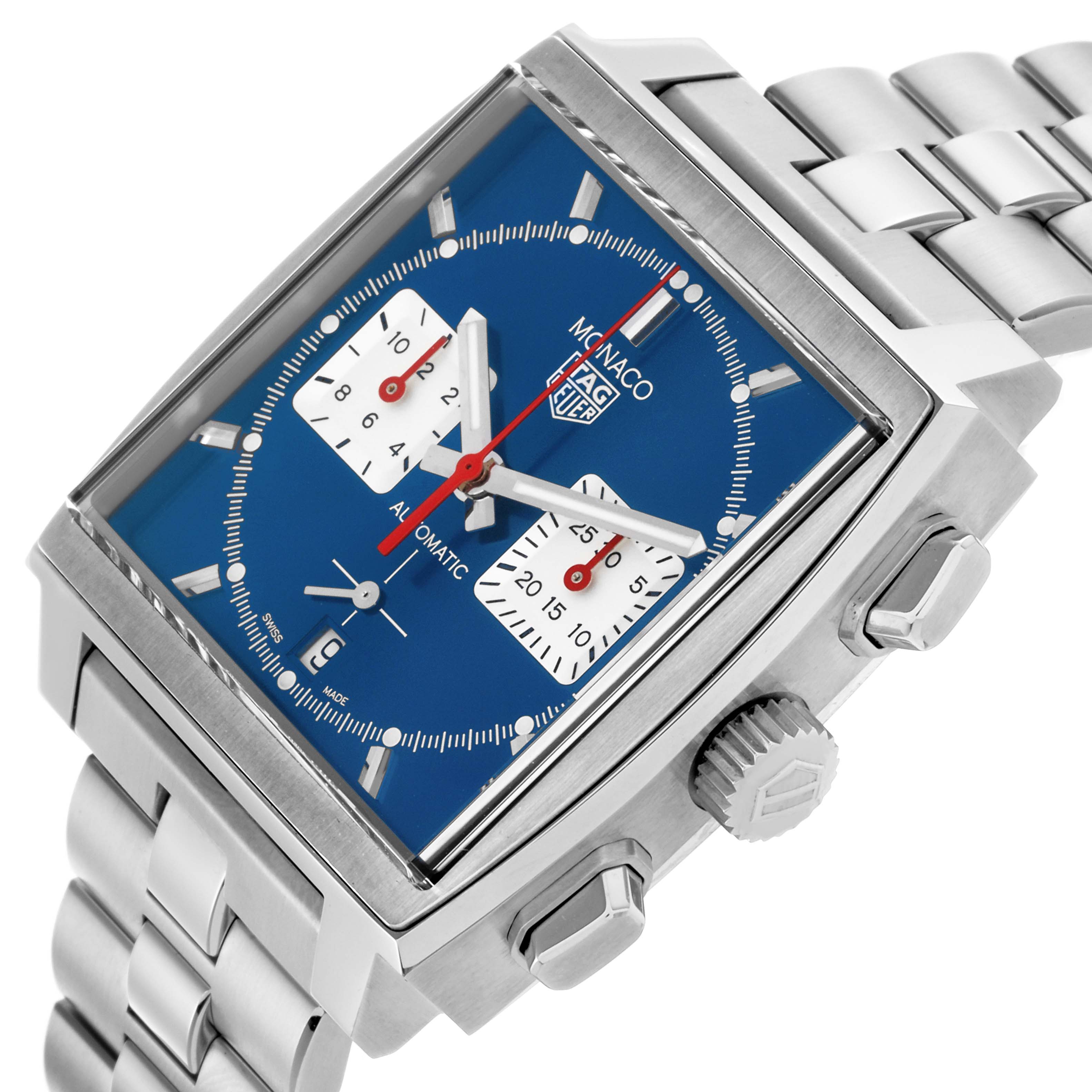 The Tag Heuer Monaco CBL2111.BA0644 Men's Stainless Steel Blue Dial CBL2111.BA0644 Men's Stainless Steel Blue Dial watch is shown at an angled side view, displaying the case, dial, crown, and part of the bracelet.