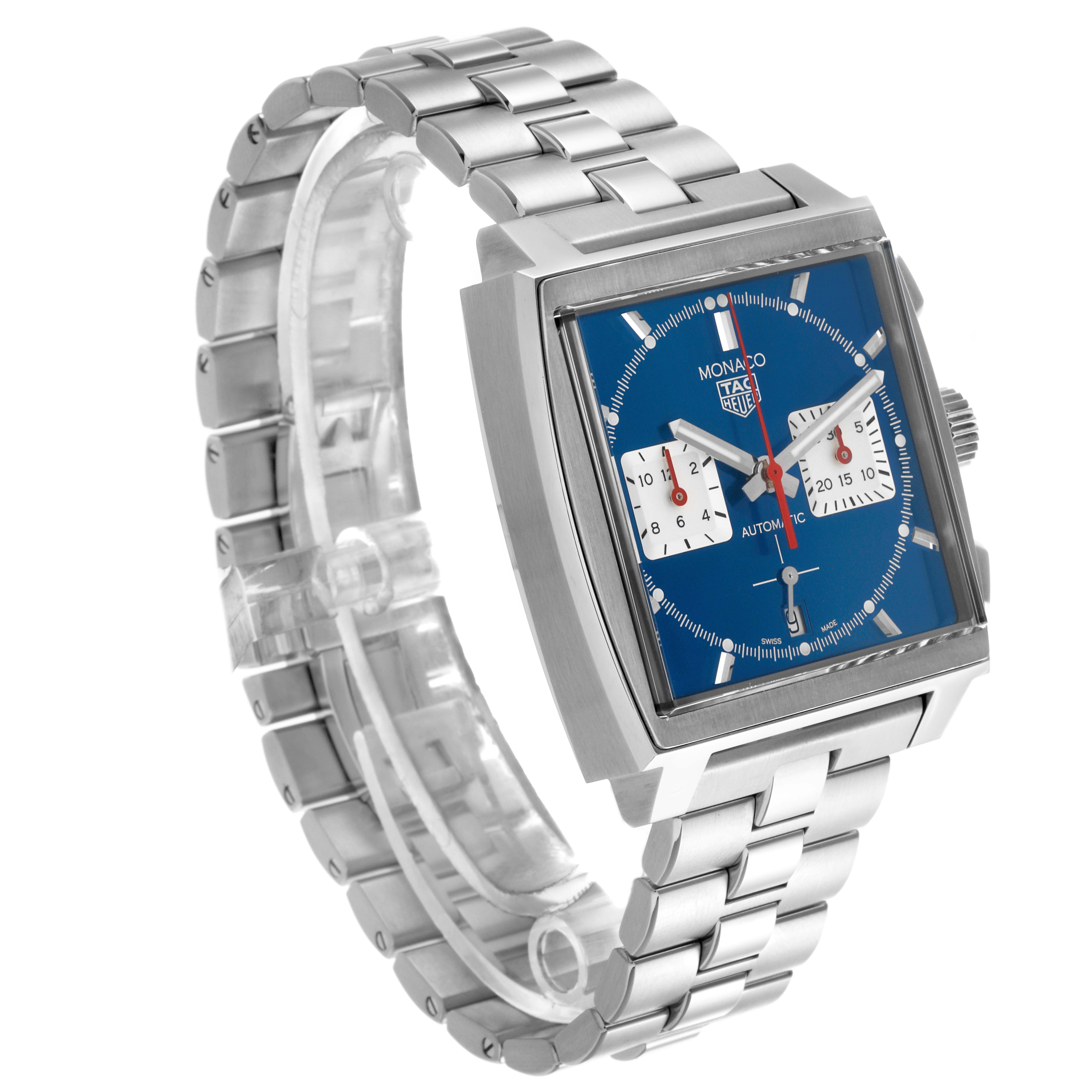 The Tag Heuer Monaco CBL2111.BA0644 Men's Stainless Steel Blue Dial CBL2111.BA0644 Men's Stainless Steel Blue Dial watch is shown at a three-quarter angle, displaying its square face, blue dial, and metal bracelet.