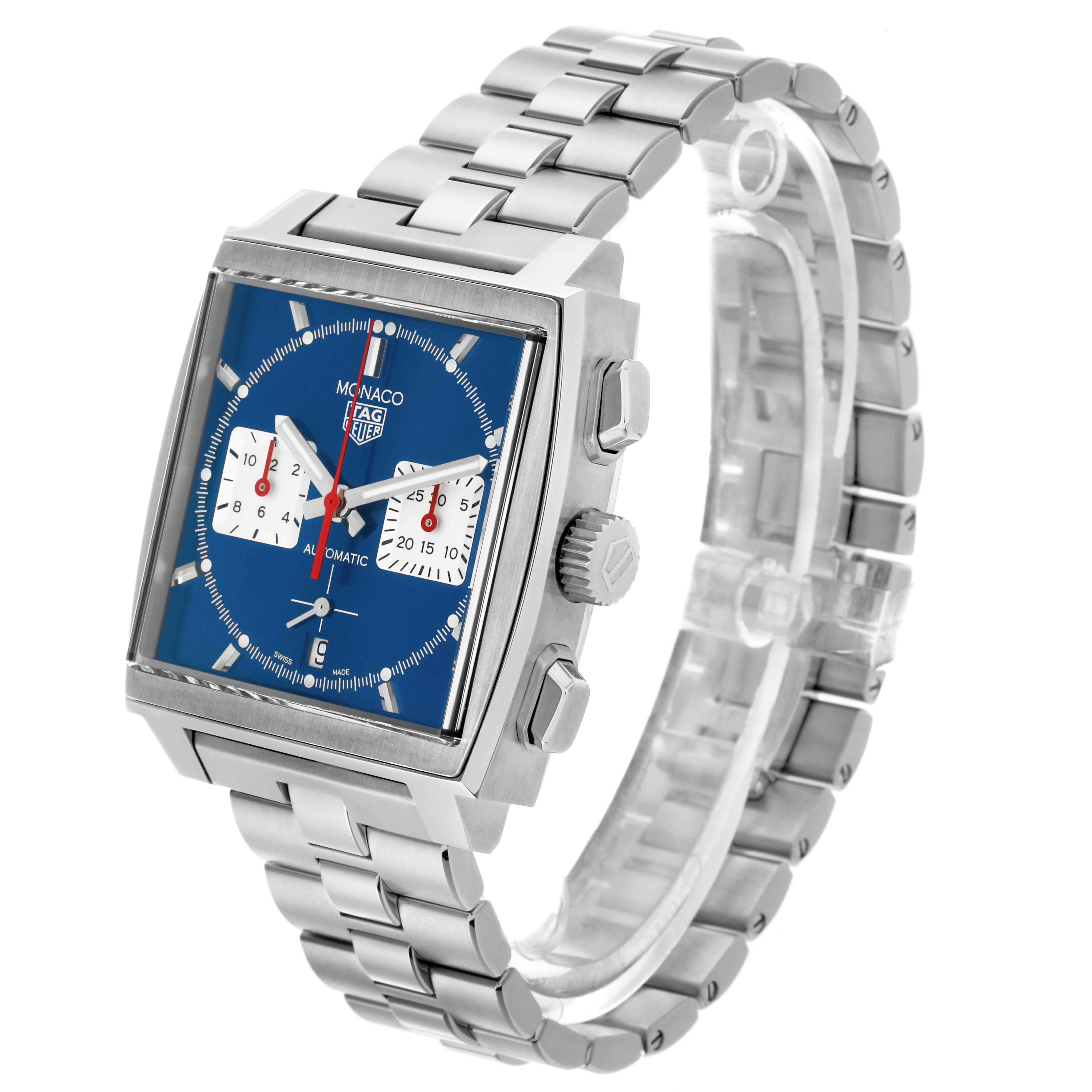 The Tag Heuer Monaco CBL2111.BA0644 Men's Stainless Steel Blue Dial CBL2111.BA0644 Men's Stainless Steel Blue Dial watch is shown at a slight angle, highlighting the square face, blue dial, and stainless steel bracelet and crown.