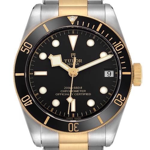 The Tudor Heritage Black Bay 79733N Men's Steel and Gold (two tone) Black Dial watch is shown from the front, highlighting the bezel, dial, hands, and crown.