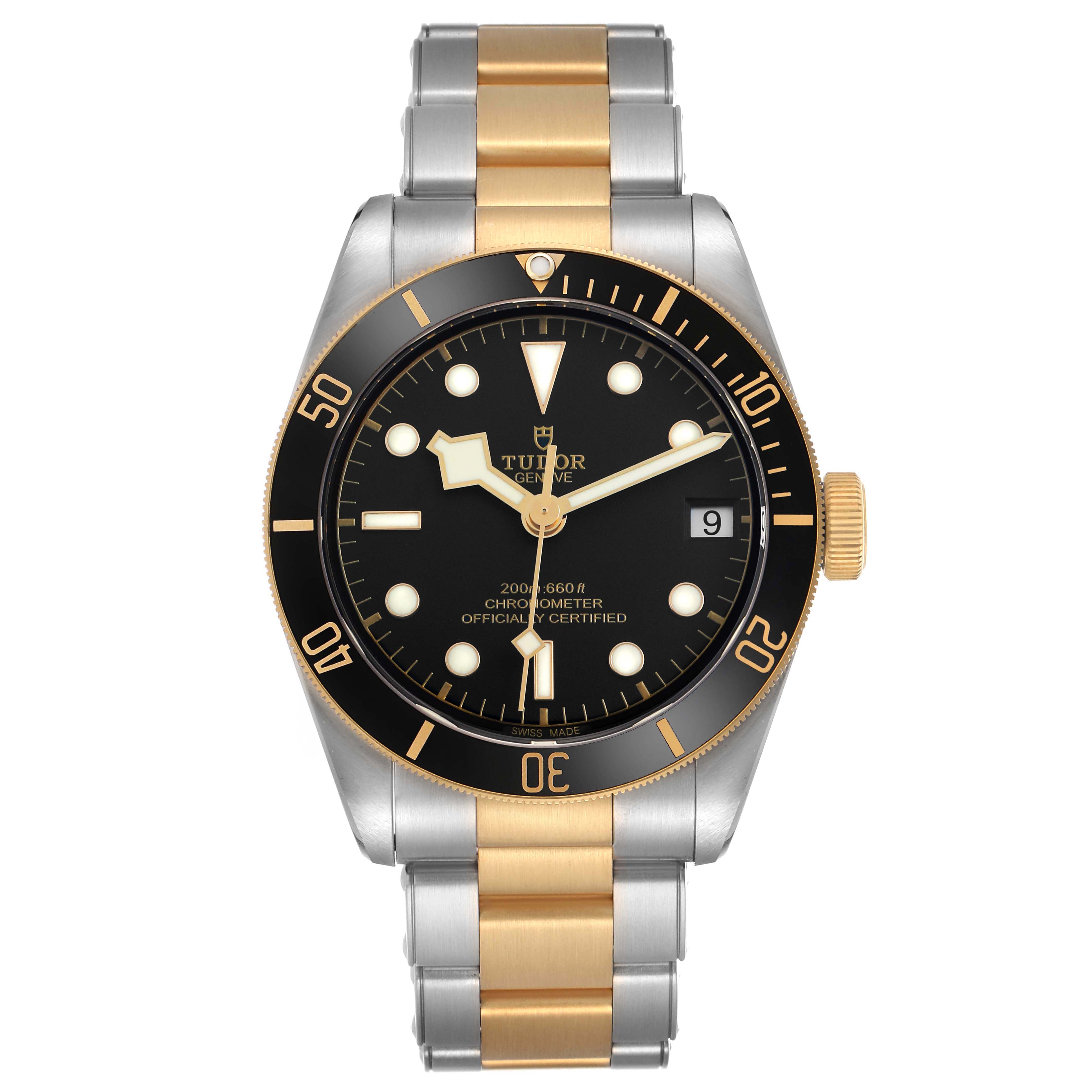 The Tudor Heritage Black Bay 79733N Men's Steel and Gold (two tone) Black Dial watch is shown from the front, displaying its dial, bezel, and two-tone bracelet.
