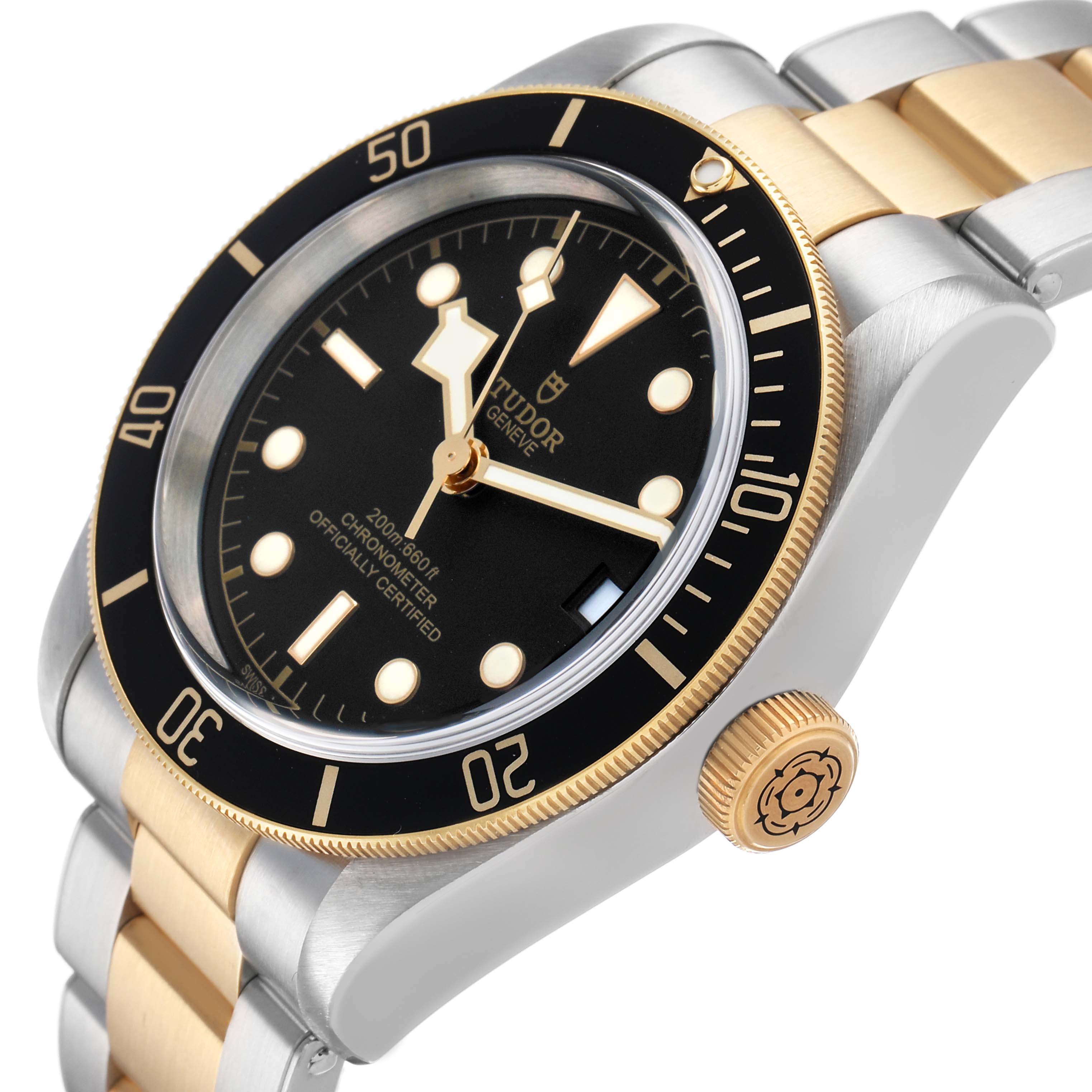 The Tudor Heritage Black Bay 79733N Men's Steel and Gold (two tone) Black Dial watch is shown at a side angle, displaying the bezel, dial, case, and bracelet.