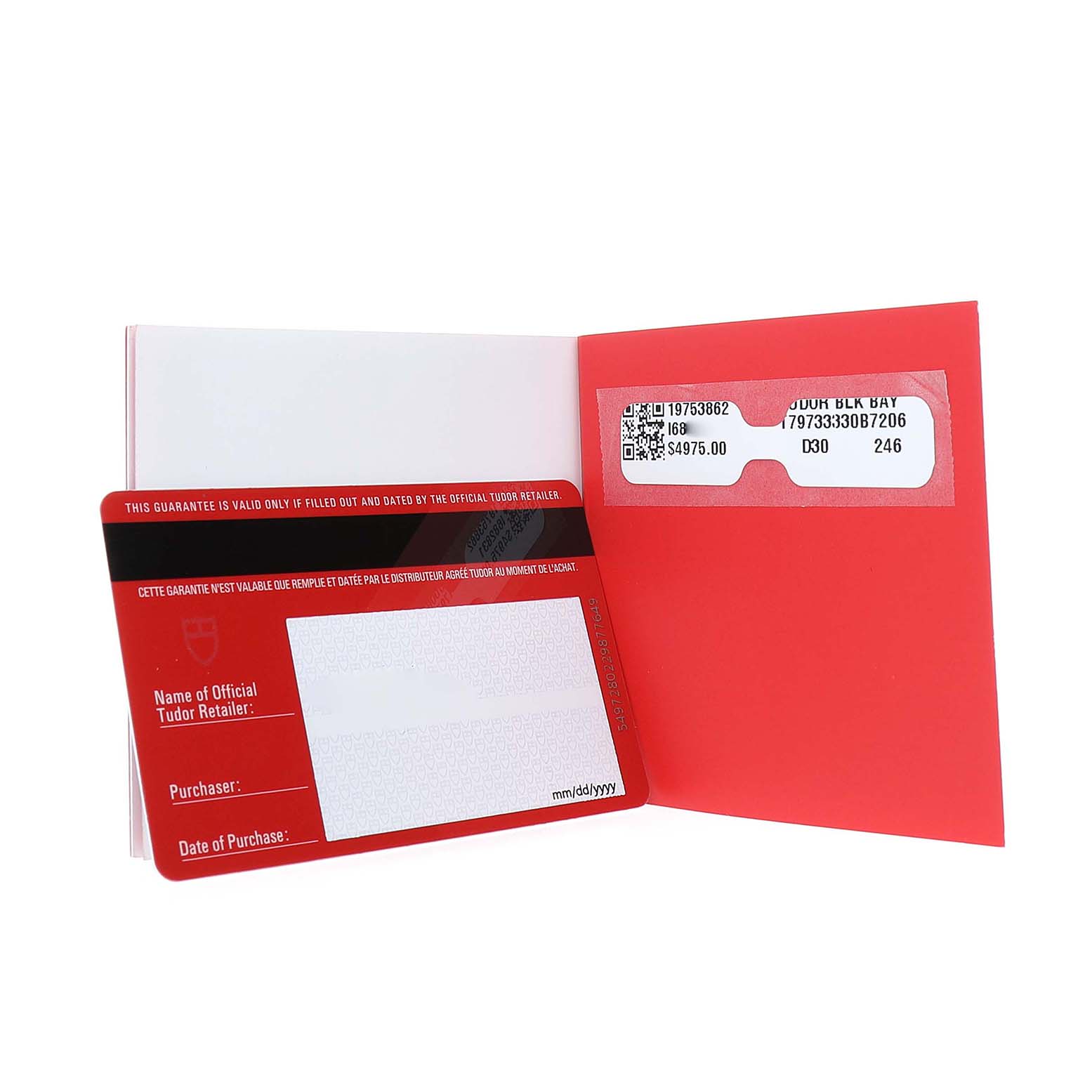 The image shows a warranty card and booklet for the Tudor Heritage Black Bay 79733N Men's Steel and Gold (two tone) Black Dial watch.