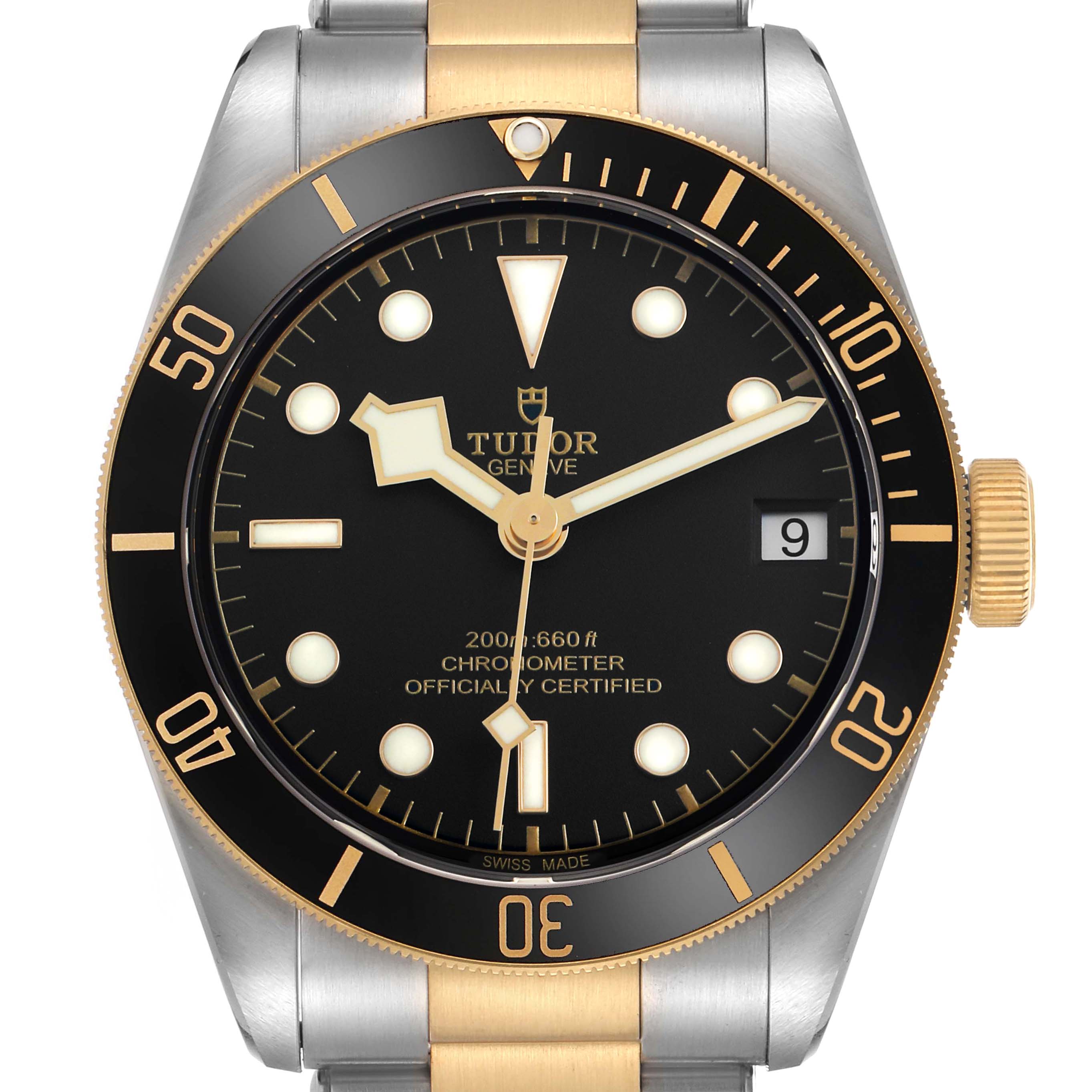 The image shows a front view of the Tudor Heritage Black Bay 79733N Men's Steel and Gold (two tone) Black Dial watch, displaying the dial, bezel, bracelet, and crown.