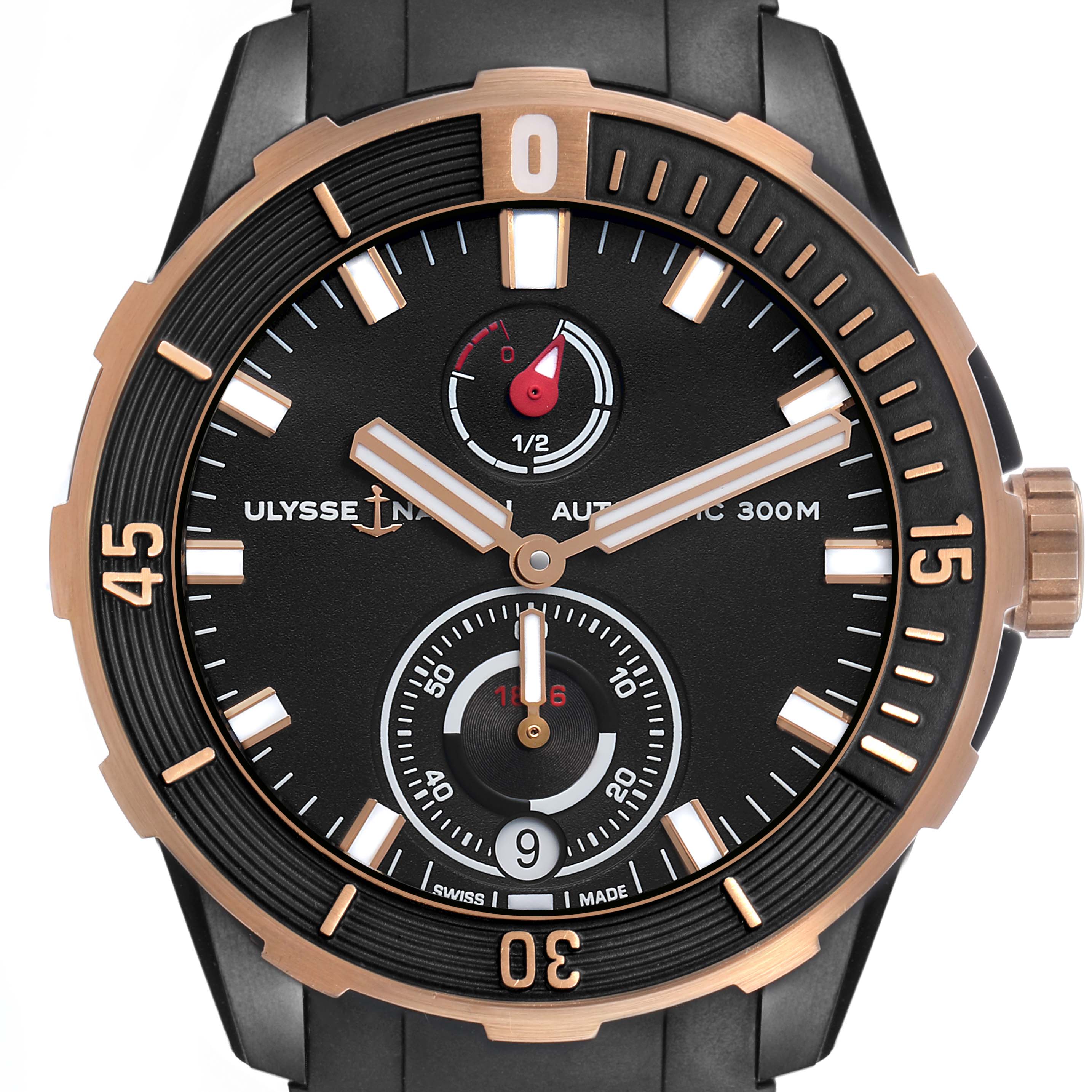 The Ulysse Nardin Diver 1185-170 Men's Titanium Black Dial watch is shown from the front, detailing the dial, bezel, and crown.