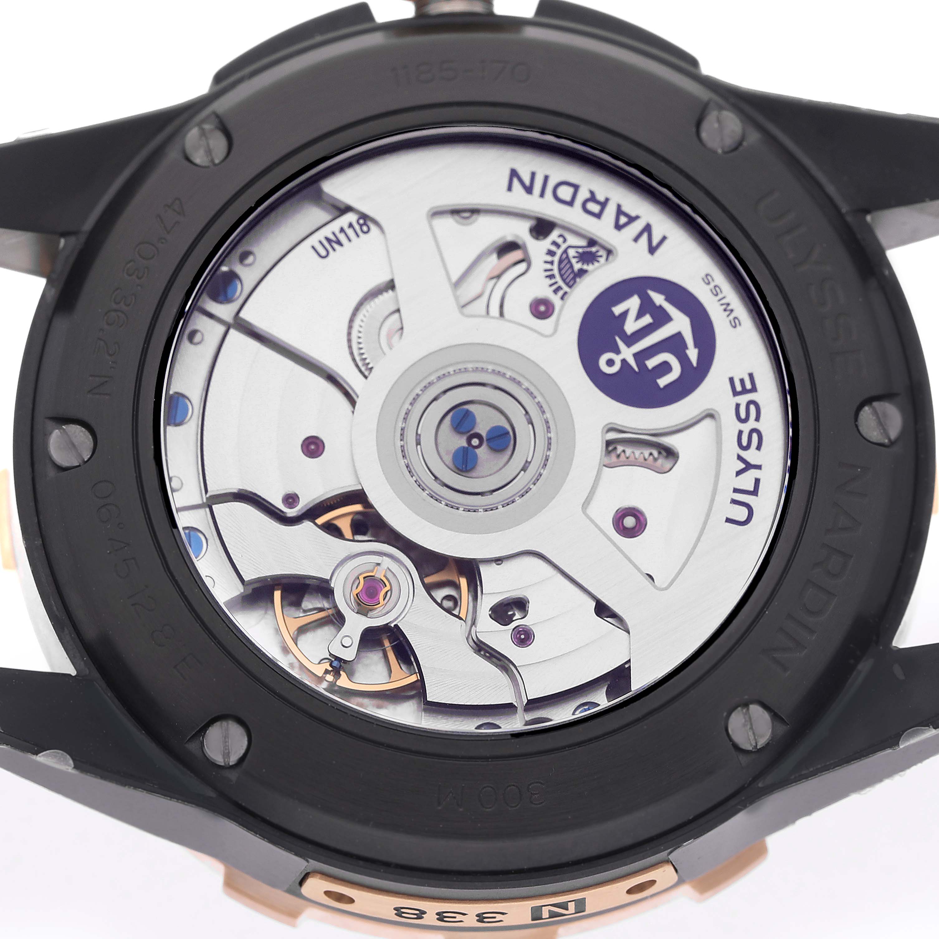 The image shows the movement through the transparent case back of a Ulysse Nardin Diver 1185-170 Men's Titanium Black Dial watch.