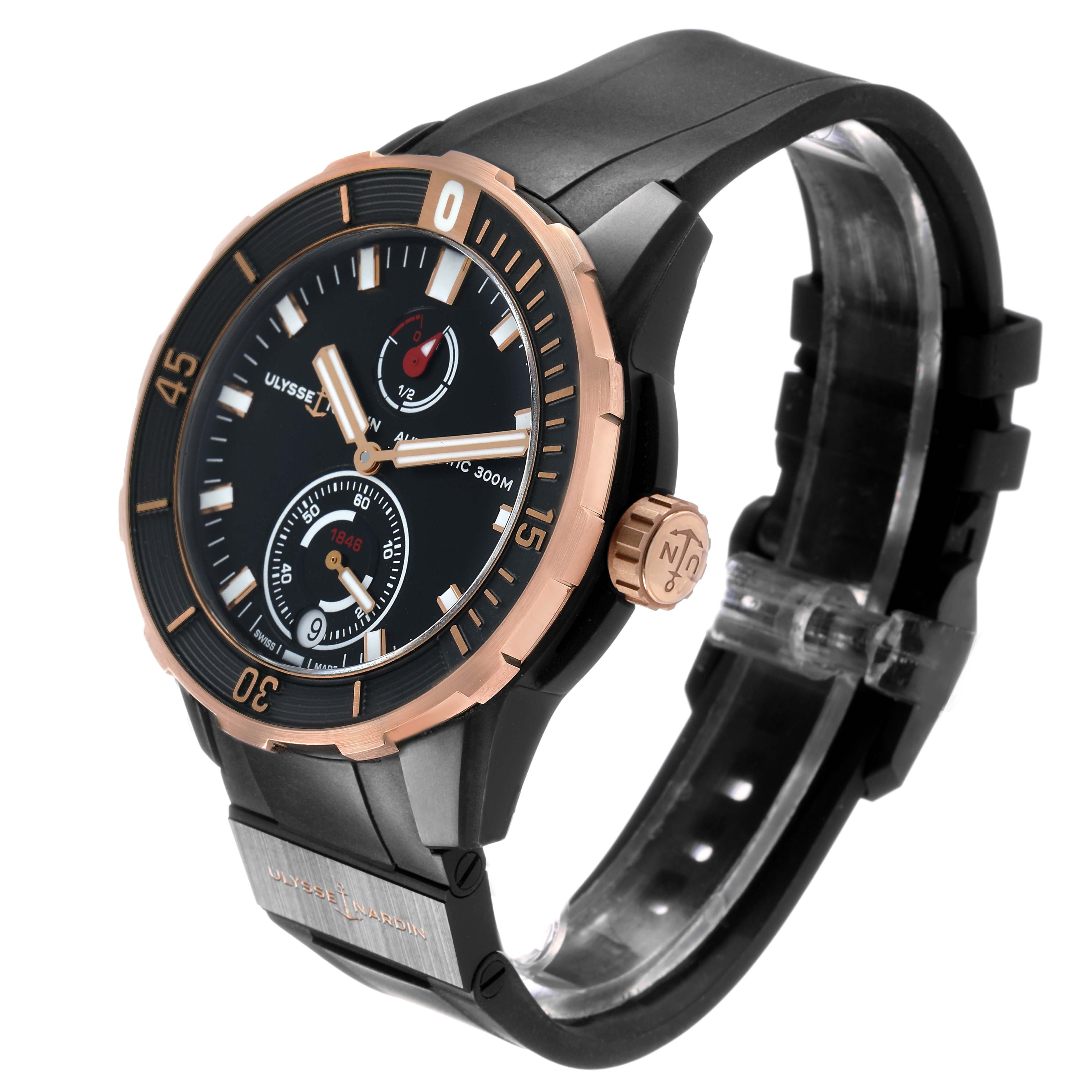 The Ulysse Nardin Diver 1185-170 Men's Titanium Black Dial watch is shown at a three-quarter angle, displaying the face, bezel, crown, and part of the strap.