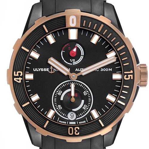 The Ulysse Nardin Diver 1185-170 Men's Titanium Black Dial watch is shown from the front, displaying the dial, bezel, hands, and subdials.