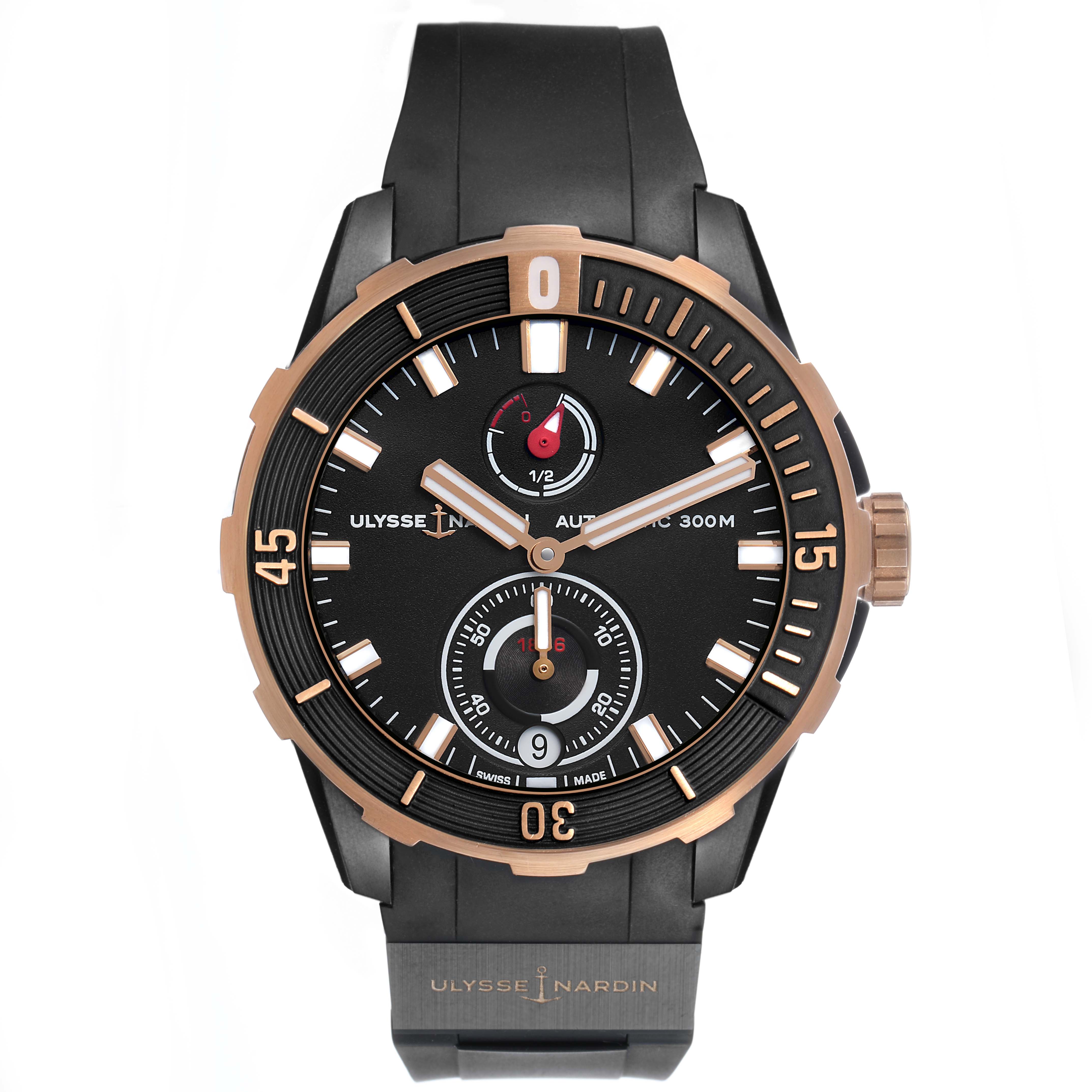 The Ulysse Nardin Diver 1185-170 Men's Titanium Black Dial watch is shown from a front angle, highlighting the dial, bezel, and strap.
