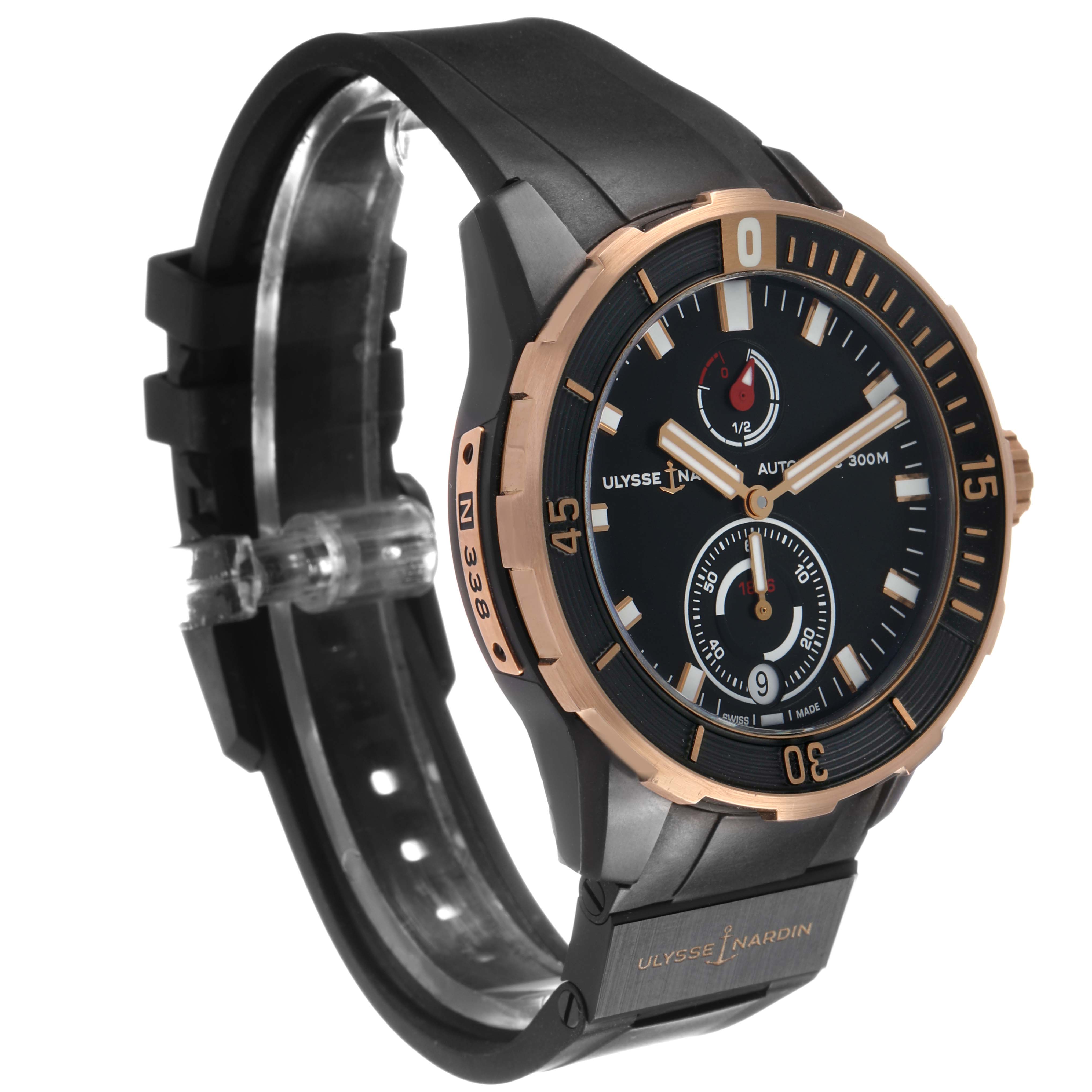 The Ulysse Nardin Diver 1185-170 Men's Titanium Black Dial watch is shown at a three-quarter angle, highlighting the dial, bezel, and rubber strap.