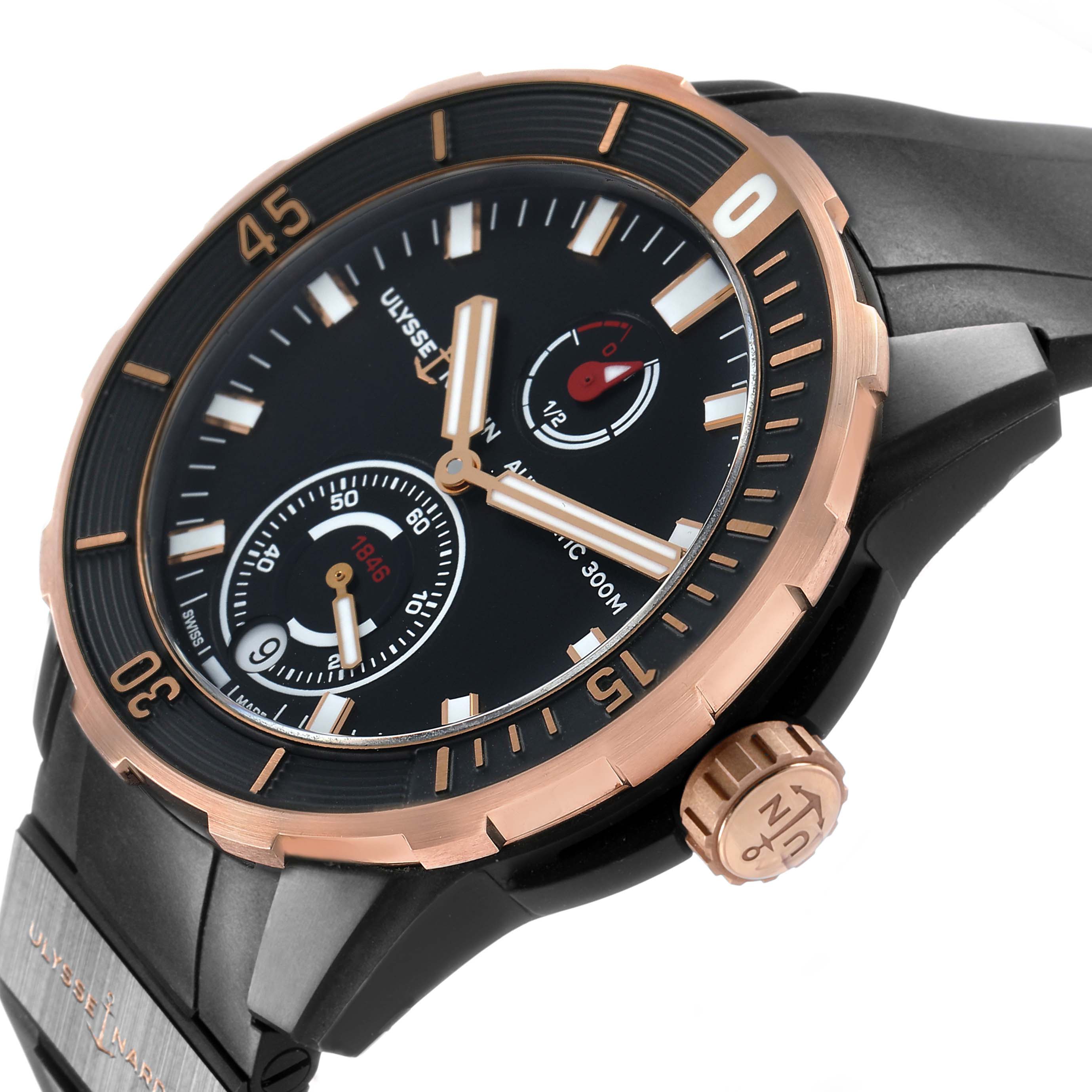 The Ulysse Nardin Diver 1185-170 Men's Titanium Black Dial watch is shown at an angle highlighting the face, bezel, crown, and strap attachment.