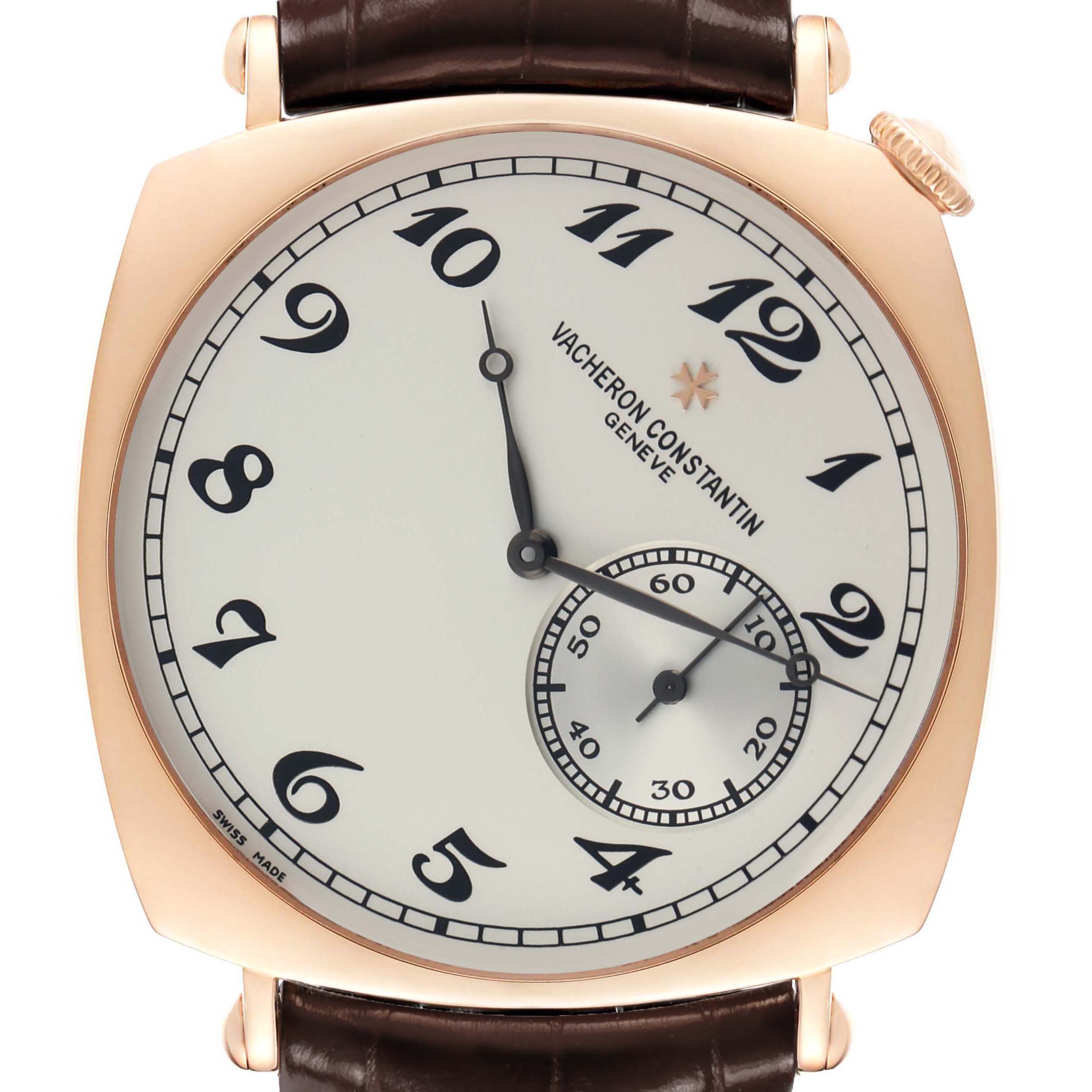 The Vacheron Constantin Historiques 82035 Men's Rose Gold Silver Dial watch is shown from the front, highlighting its face, numerals, and subdial at 3 o'clock.