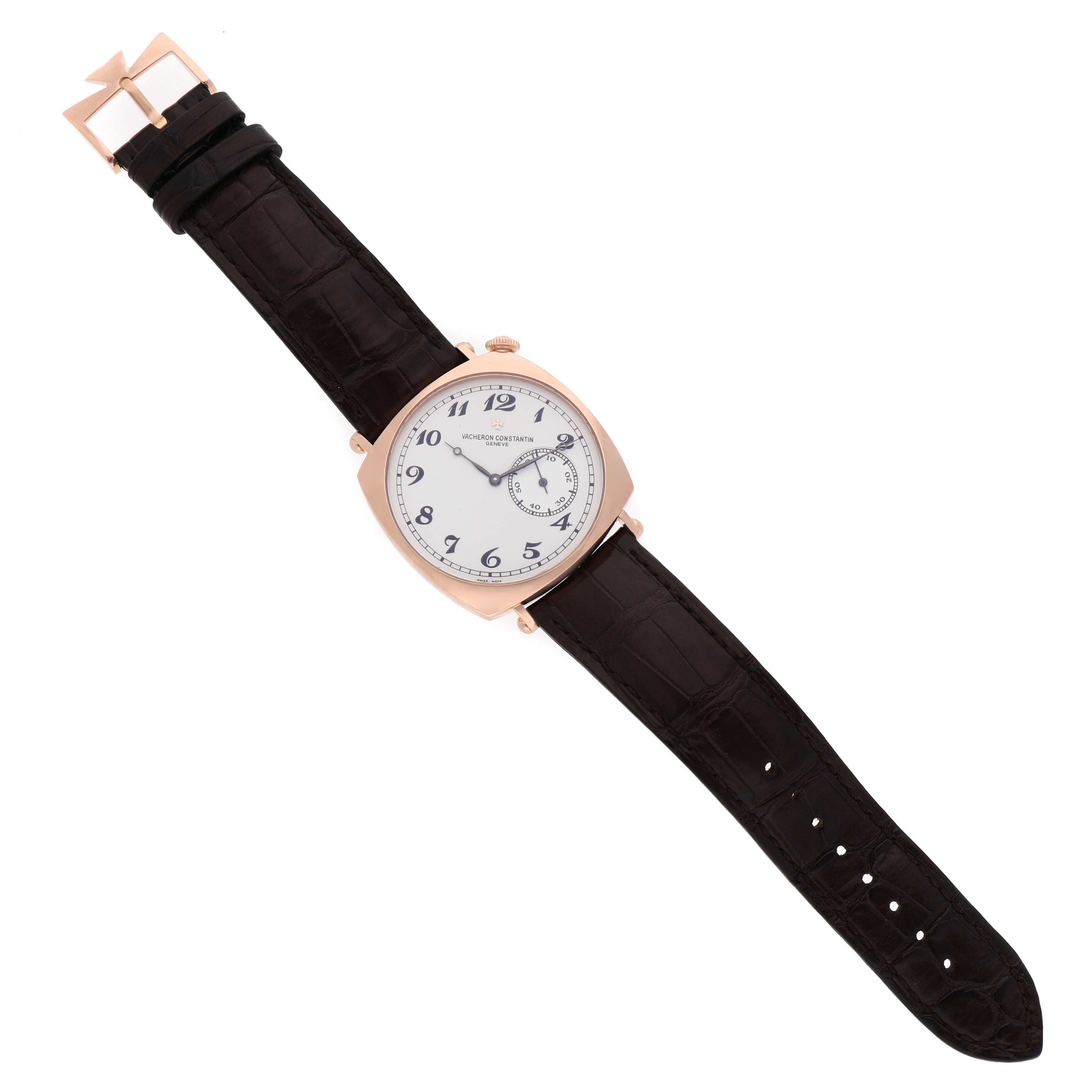 The Vacheron Constantin Historiques 82035 Men's Rose Gold Silver Dial watch is shown from a top view, displaying the full face, strap, and buckle.