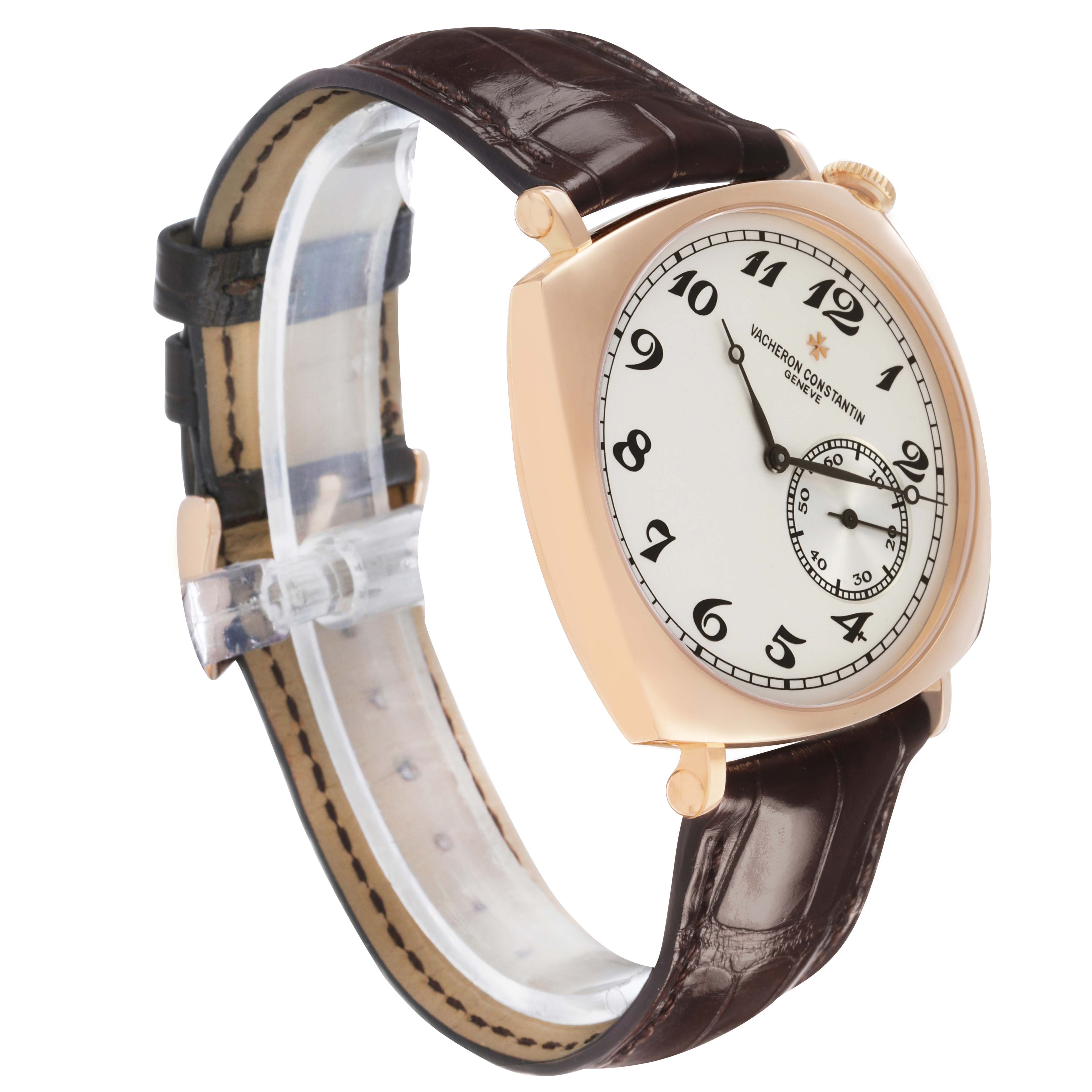 The Vacheron Constantin Historiques 82035 Men's Rose Gold Silver Dial watch is shown at a three-quarter angle, displaying its face, case, crown, and leather strap.