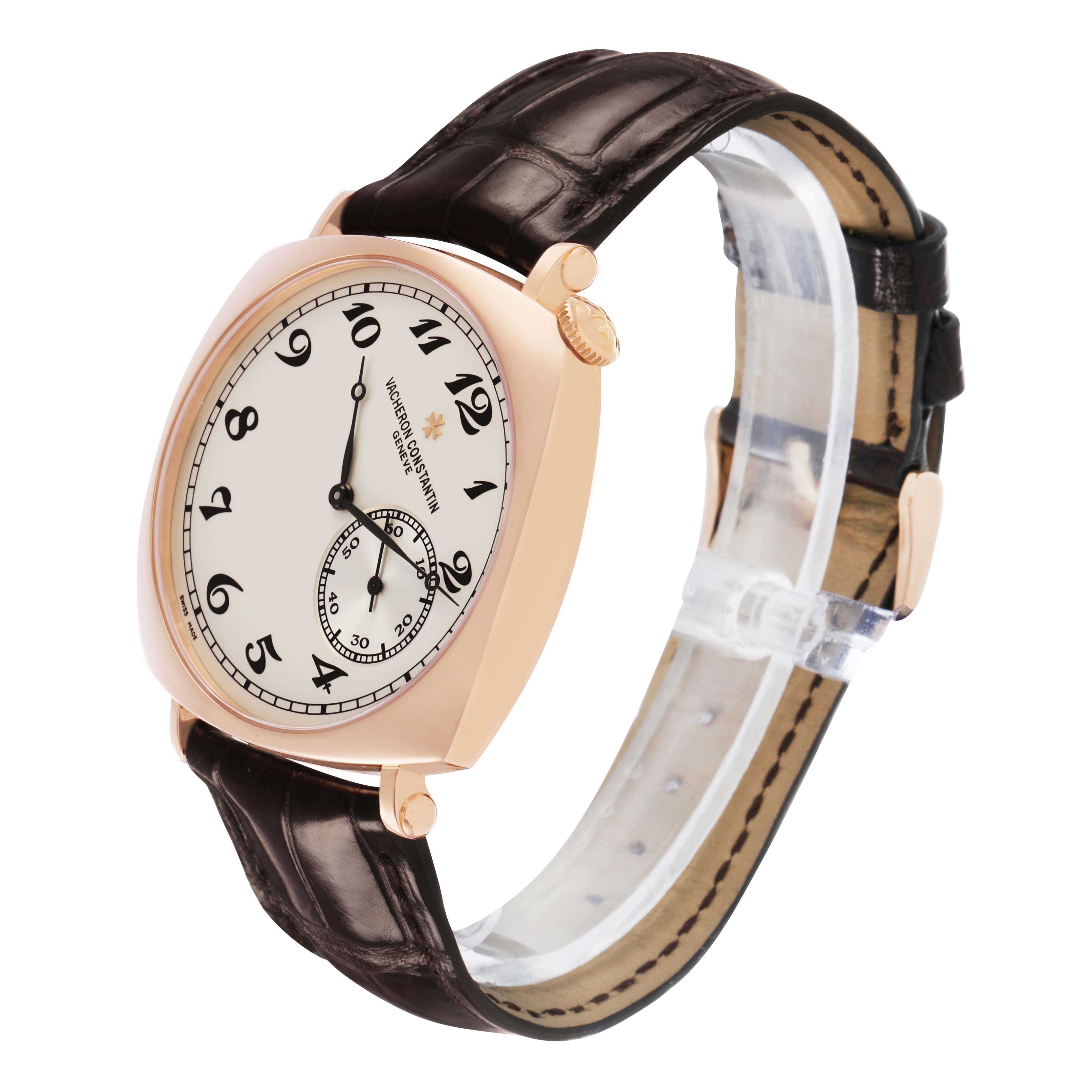 The Vacheron Constantin Historiques 82035 Men's Rose Gold Silver Dial watch is shown at a three-quarter angle, displaying the face, crown, and strap.