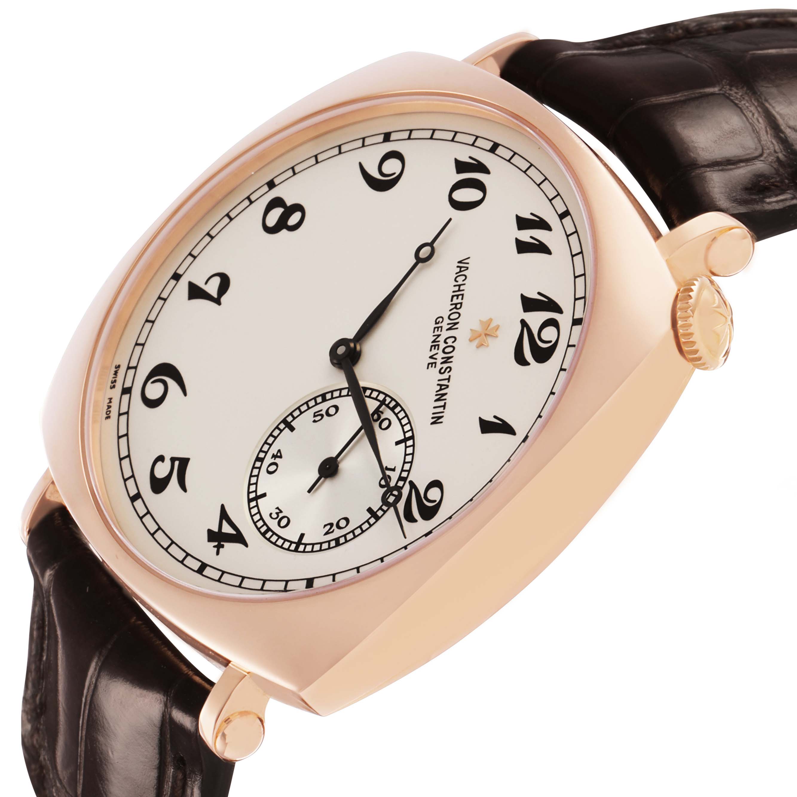 The Vacheron Constantin Historiques 82035 Men's Rose Gold Silver Dial watch is shown at an angled view highlighting the face, crown, and leather strap.