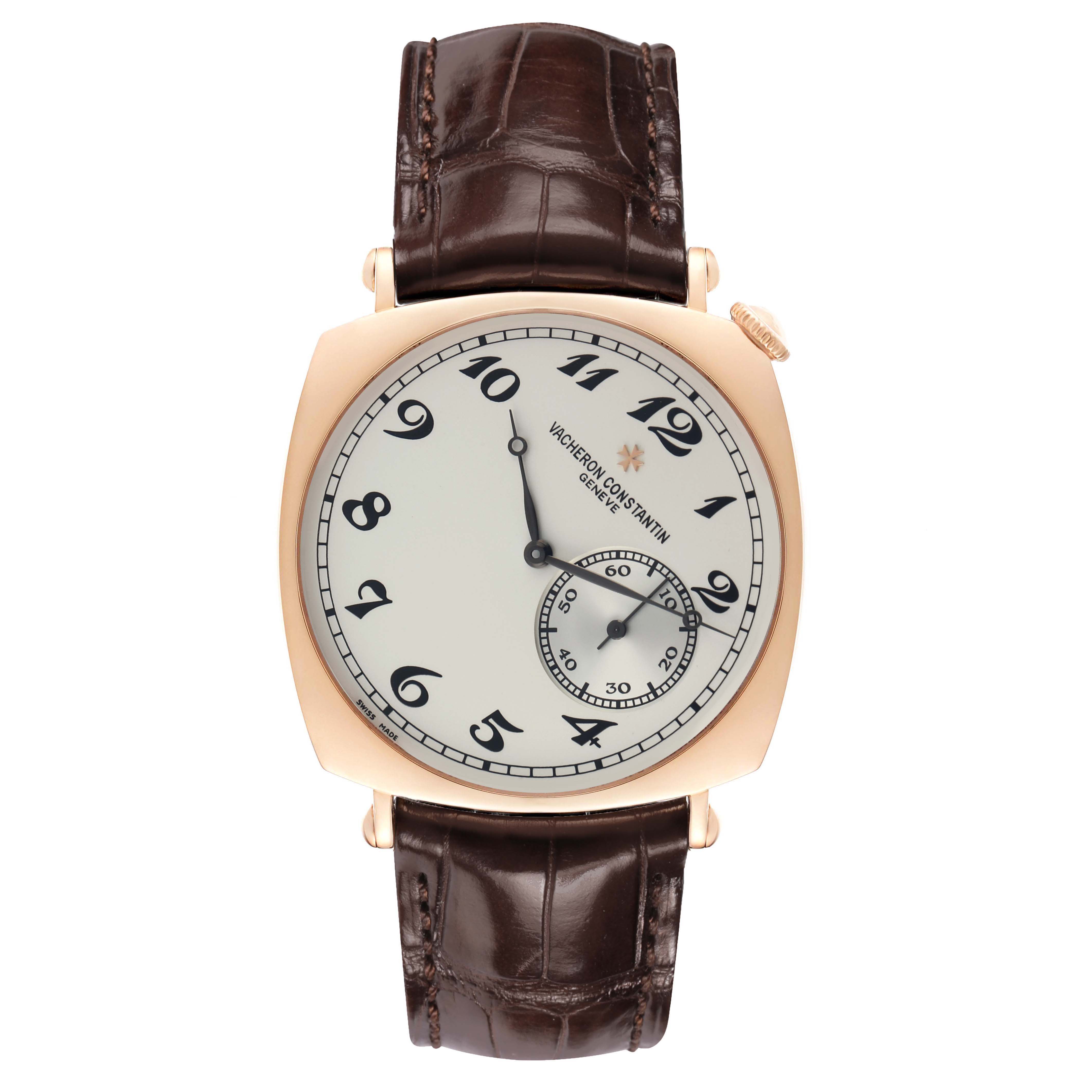 The image shows a Vacheron Constantin Historiques 82035 Men's Rose Gold Silver Dial watch from a top-down angle, highlighting the dial, hands, case, crown, and leather strap.