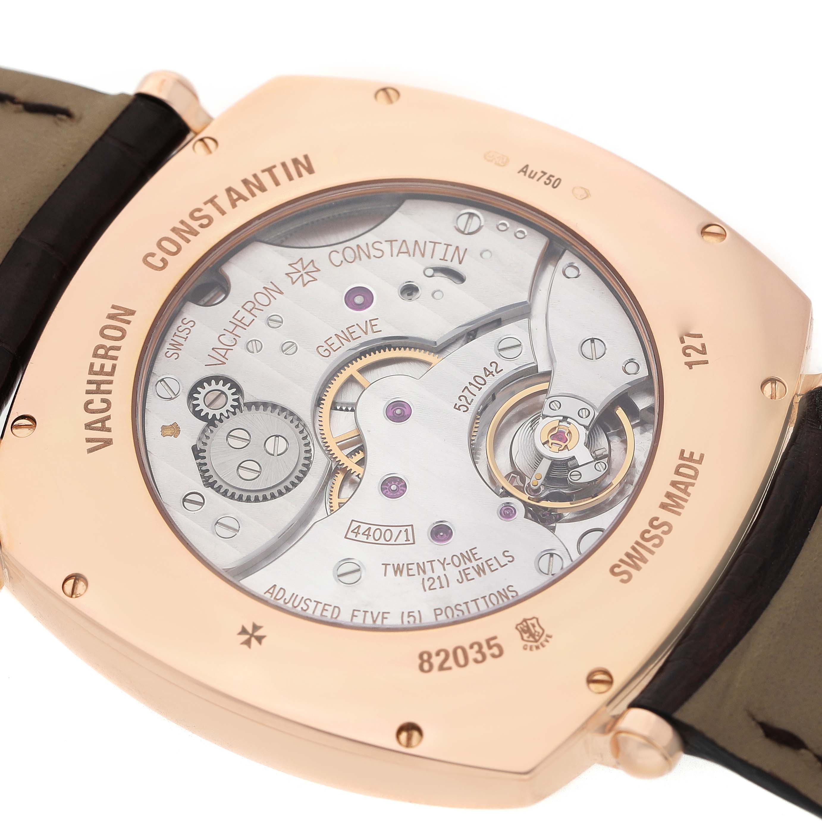 The image shows the back of a Vacheron Constantin Historiques 82035 Men's Rose Gold Silver Dial watch, highlighting the intricate movement and engravings.