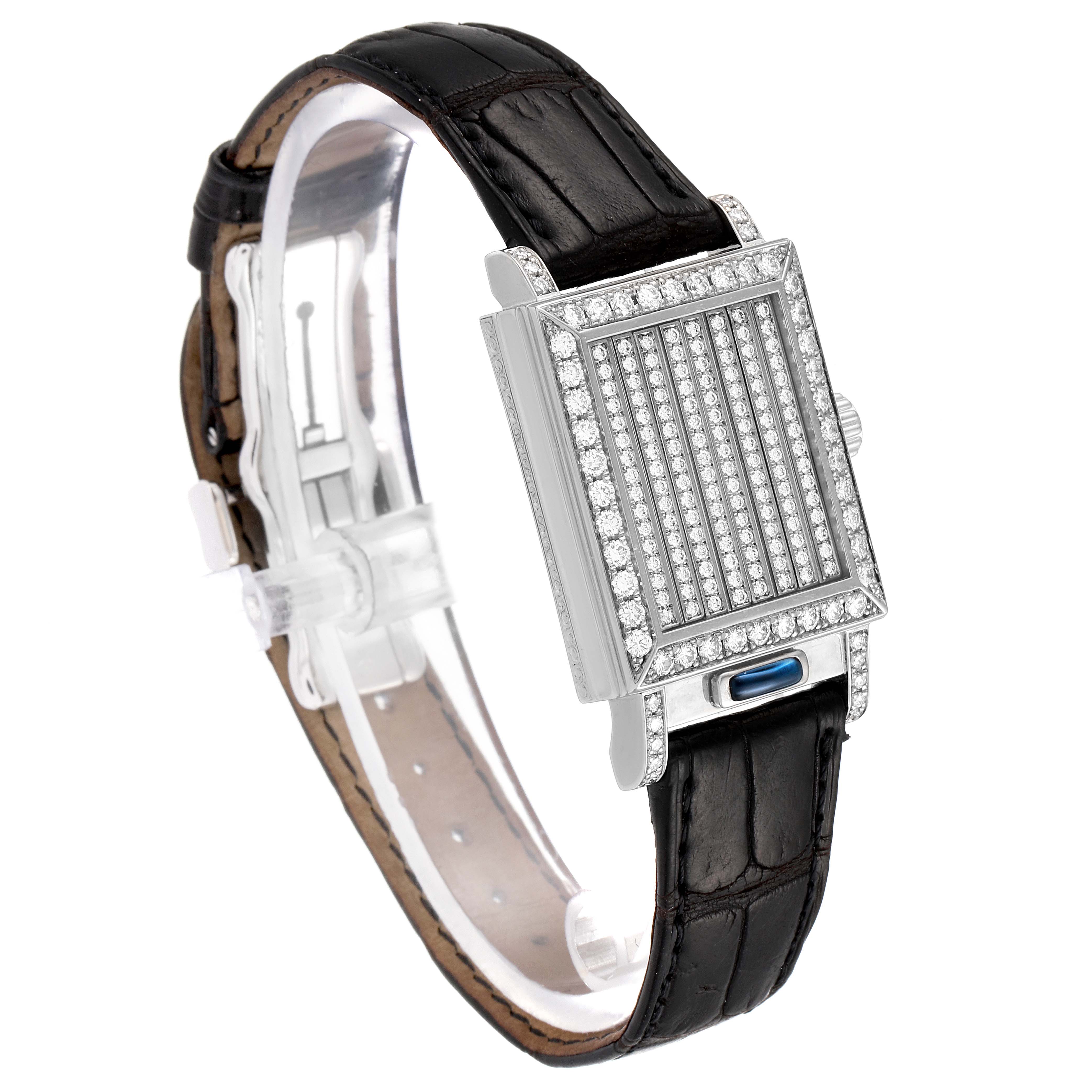 This image shows a side angle view of a Vacheron Constantin Vintage 91002/000G-8 Women's White Gold Silver Dial 91002/000G-8 Women's White Gold Silver Dial watch, featuring a diamond-studded rectangular face and a leather strap.