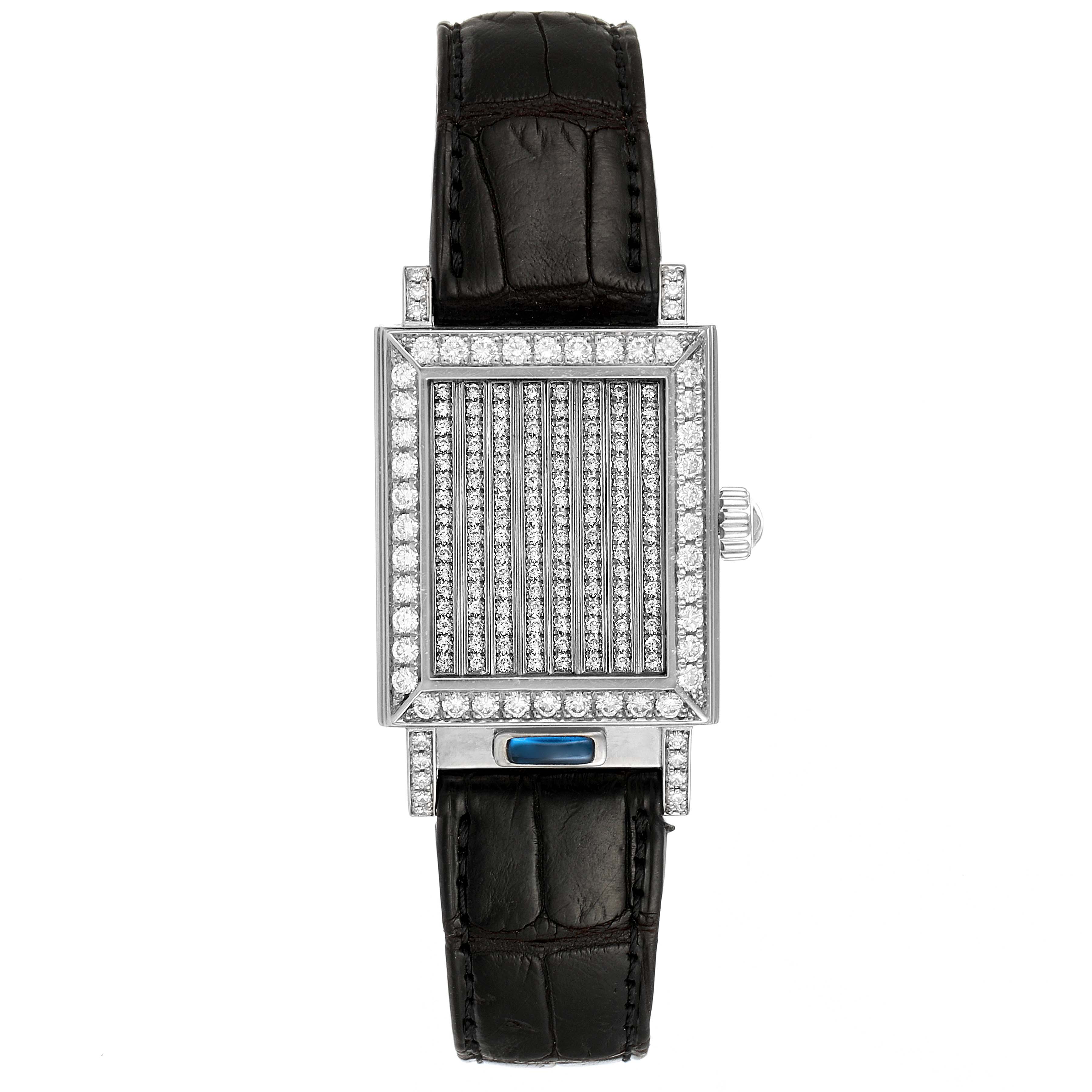 This Vacheron Constantin Vintage 91002/000G-8 Women's White Gold Silver Dial 91002/000G-8 Women's White Gold Silver Dial watch is shown in a top-down view, highlighting its rectangular diamond-encrusted face and black leather strap.