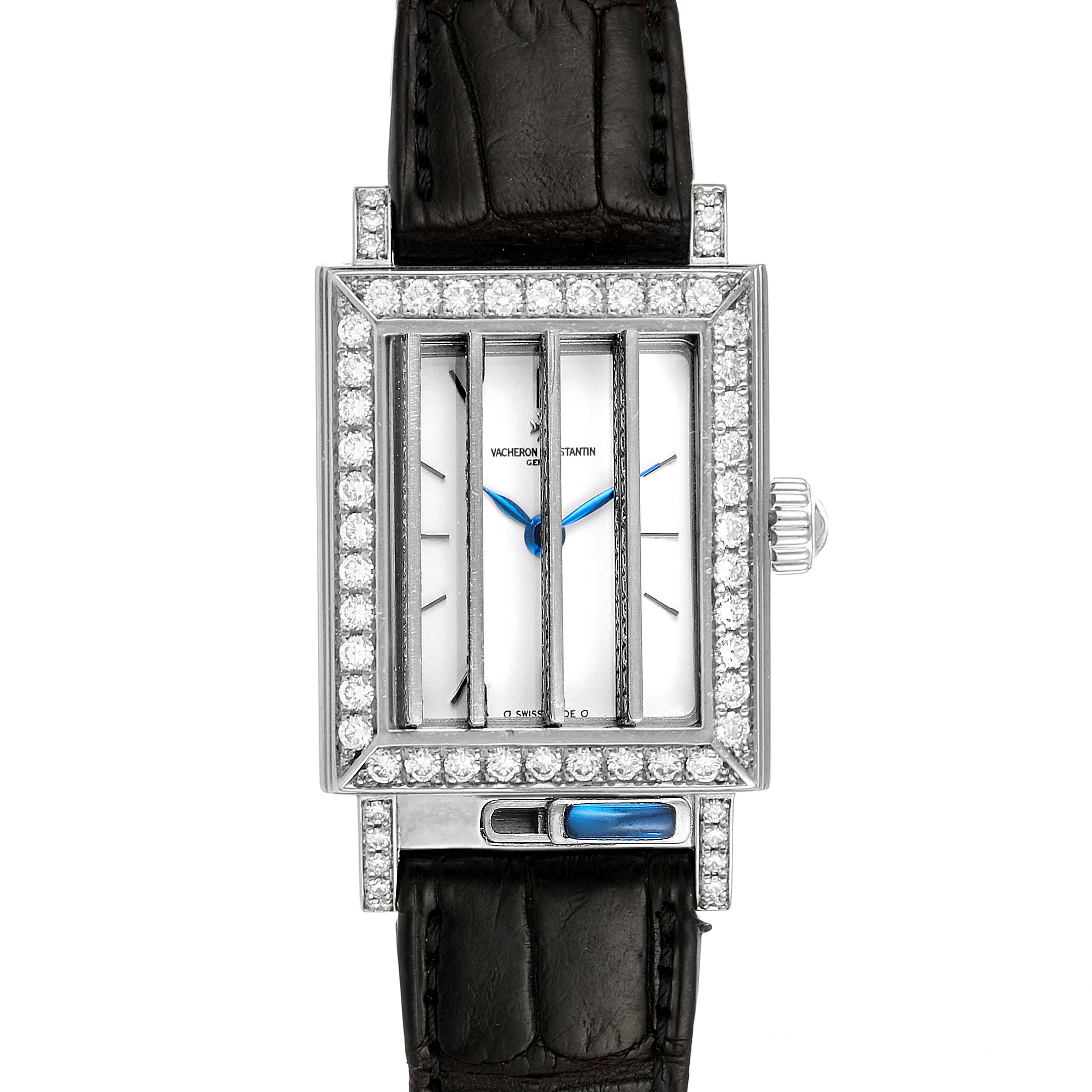 The image shows a frontal view of a Vintage Vacheron Constantin watch with a rectangular, diamond-studded case and black leather strap.