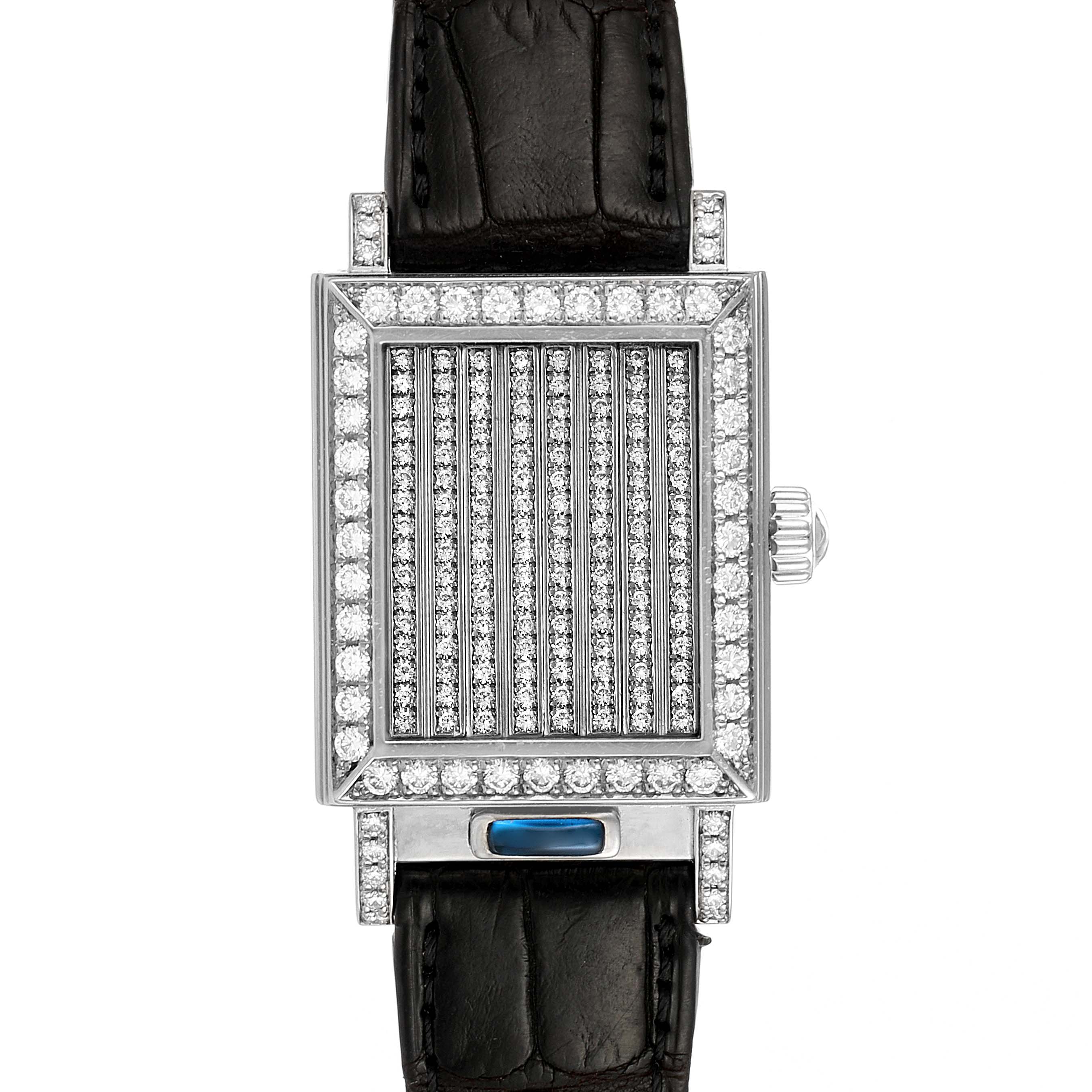 The image shows a top-down view of a diamond-encrusted, rectangular Vacheron Constantin Vintage 91002/000G-8 Women's White Gold Silver Dial 91002/000G-8 Women's White Gold Silver Dial watch with a black leather strap.