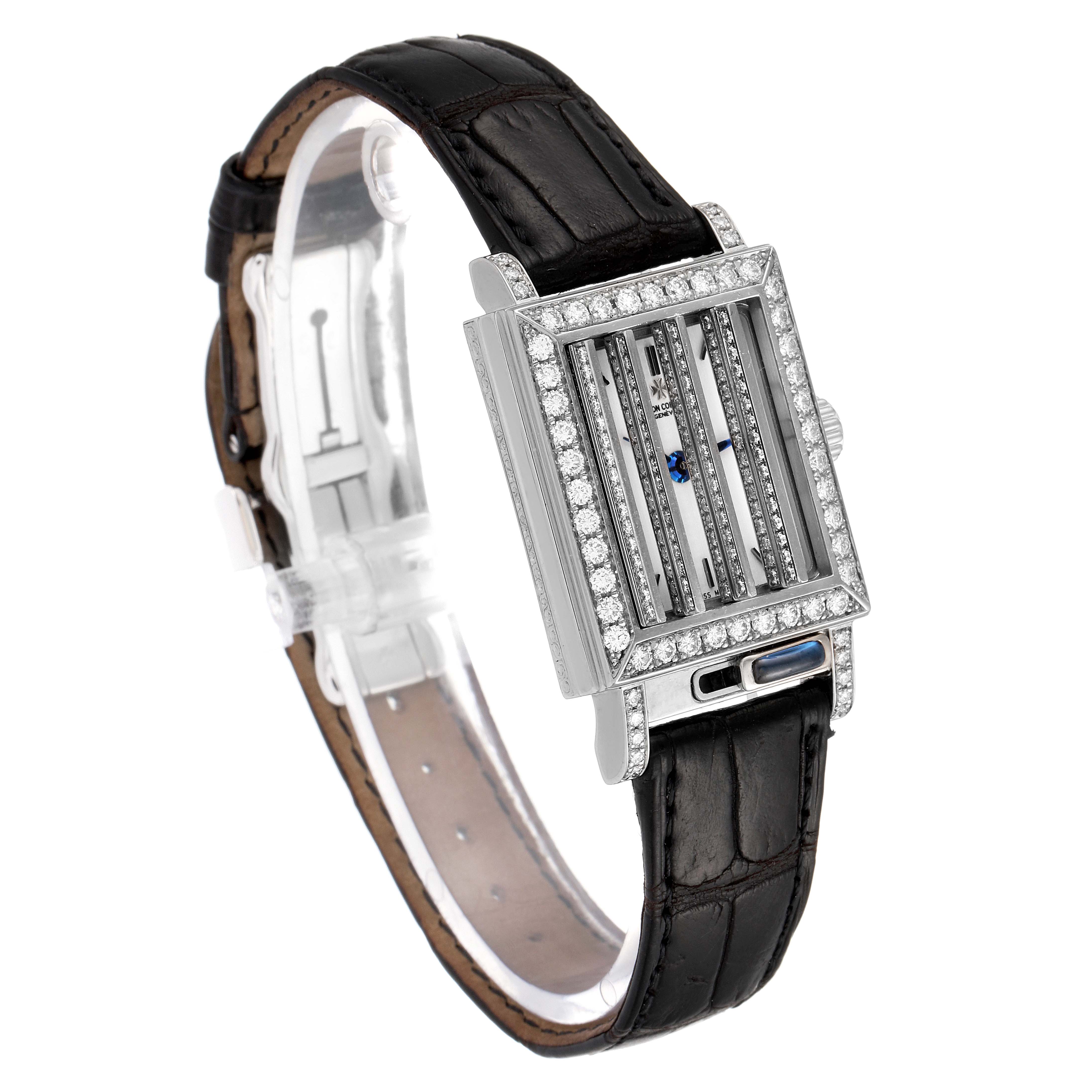This image shows a Vacheron Constantin Vintage 91002/000G-8 Women's White Gold Silver Dial 91002/000G-8 Women's White Gold Silver Dial watch at an angle, highlighting its diamond-studded rectangular face and leather strap.