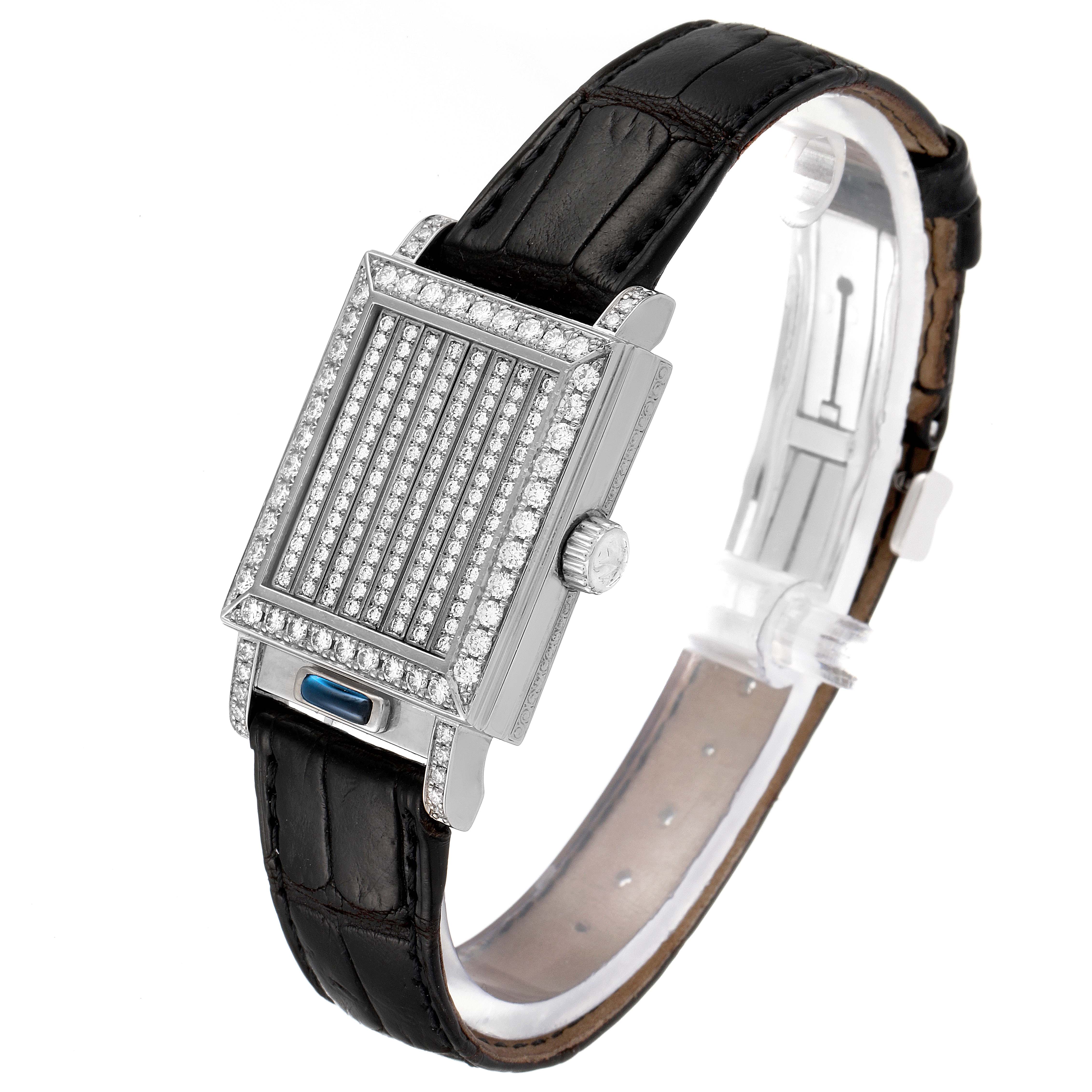 This is a side-angle view of a Vintage Vacheron Constantin watch, featuring a diamond-encrusted face and a black leather strap.