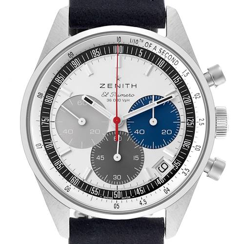 The Zenith Chronomaster watch is shown from a front angle, displaying its dial, subdials, crown, and pushers.