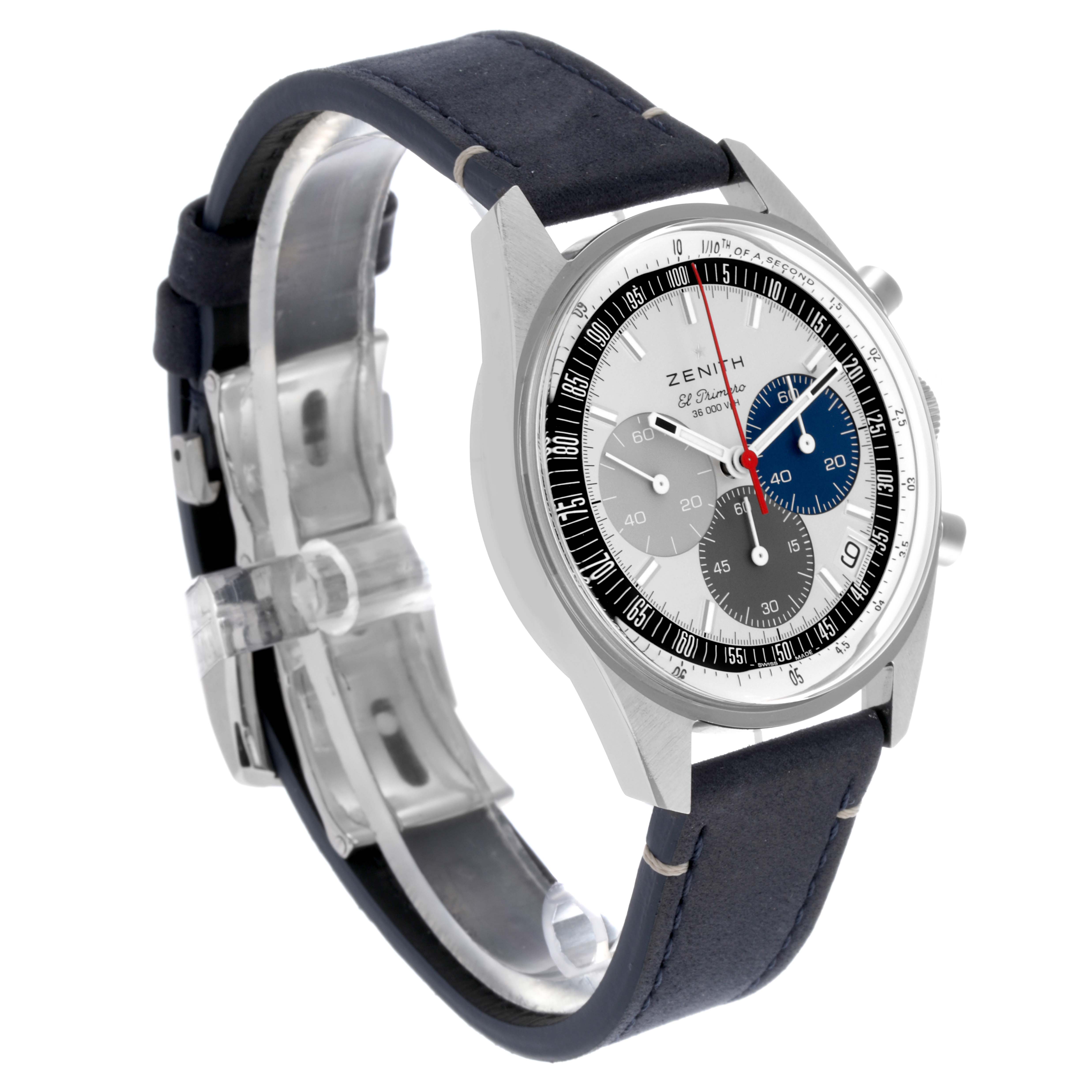 The Zenith Chronomaster 03.3200.3600/69C902 Men's Stainless Steel White Dial 03.3200.3600/69C902 Men's Stainless Steel White Dial watch is shown at a three-quarter angle, highlighting the face, bezel, and part of the strap.