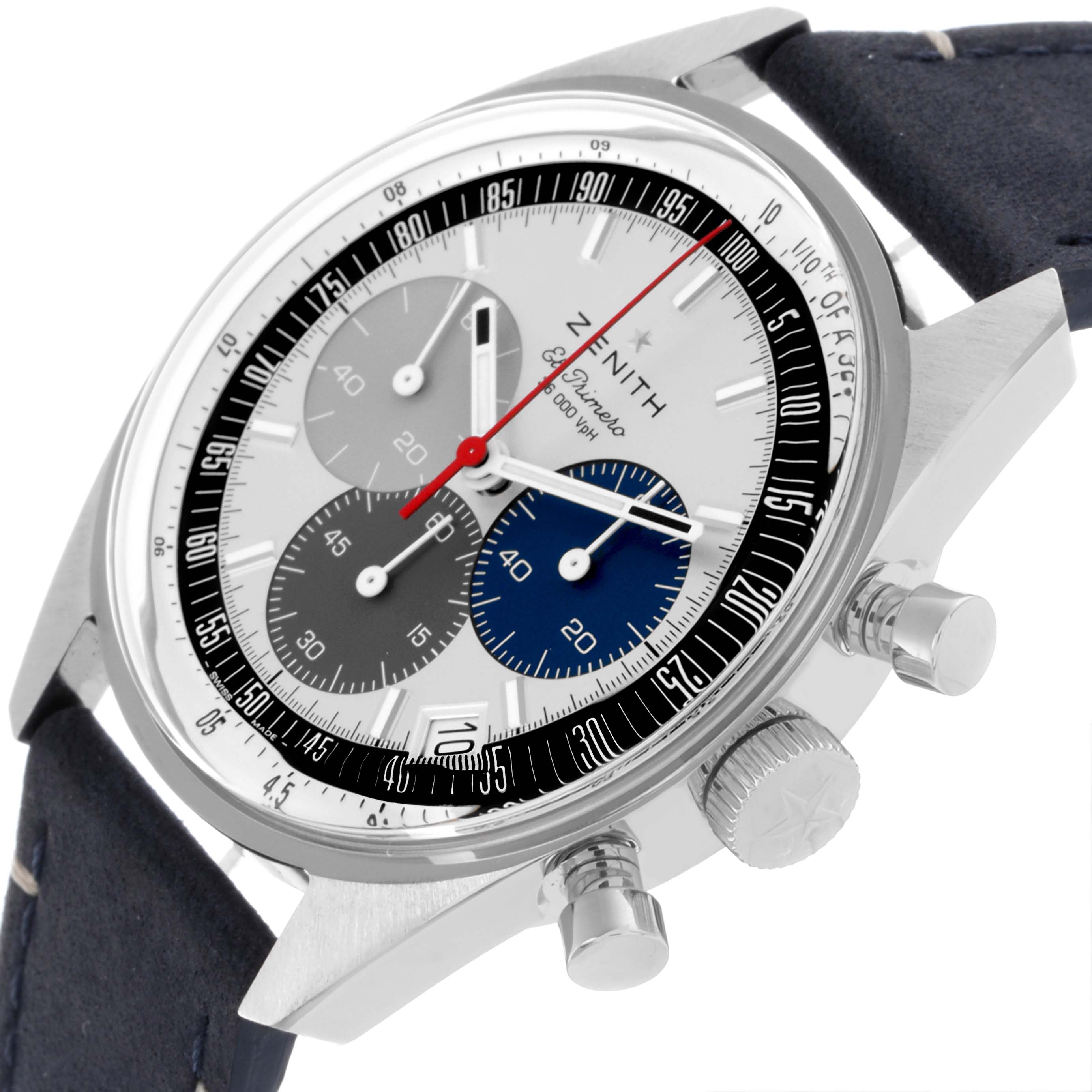 The Zenith Chronomaster 03.3200.3600/69C902 Men's Stainless Steel White Dial 03.3200.3600/69C902 Men's Stainless Steel White Dial watch is shown at a three-quarter angle, displaying the dial, bezel, crown, and pushers.