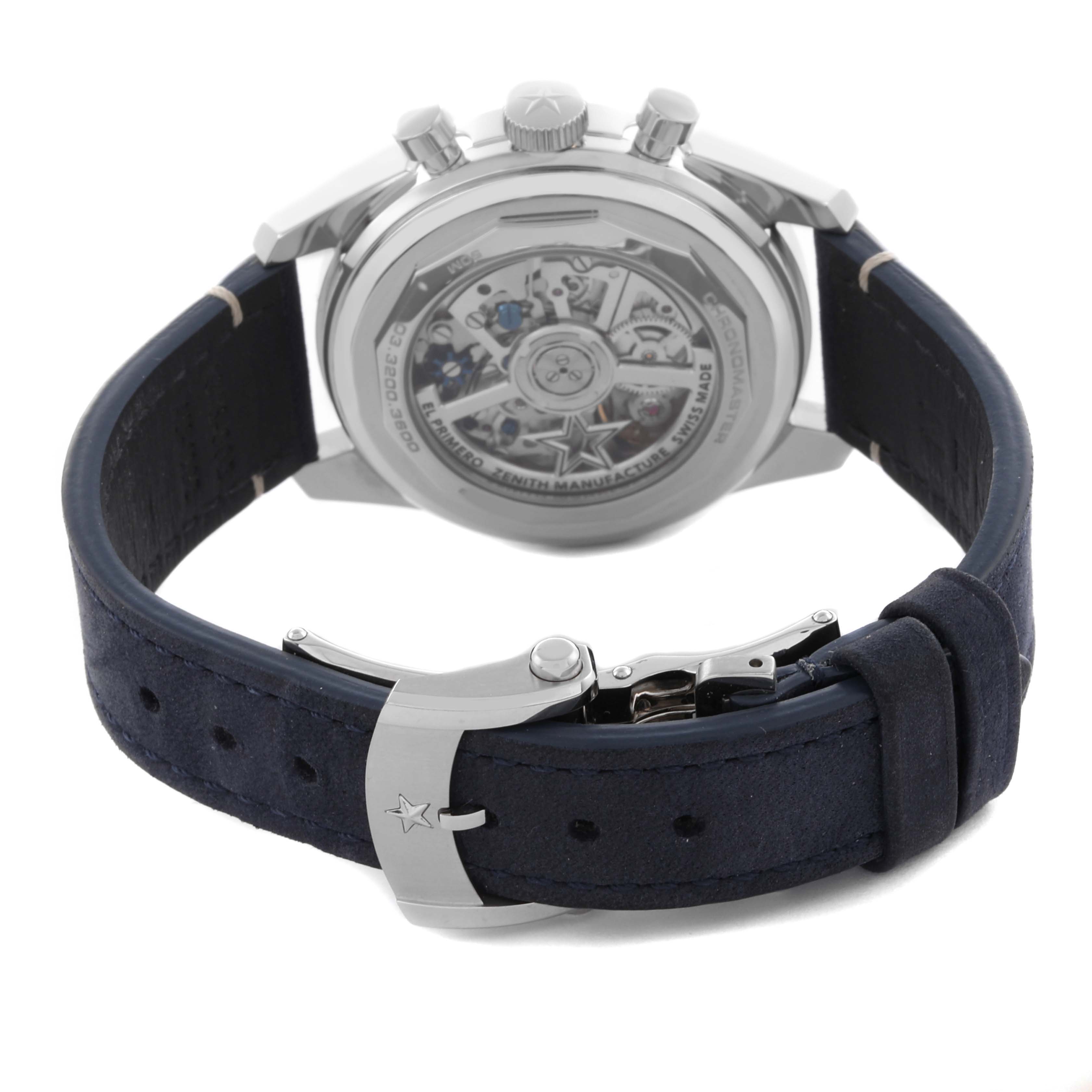 The Zenith Chronomaster 03.3200.3600/69C902 Men's Stainless Steel White Dial 03.3200.3600/69C902 Men's Stainless Steel White Dial watch is shown from the back, displaying the transparent case back and clasp of the strap.