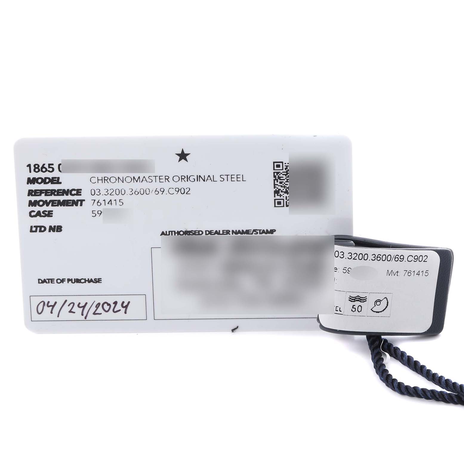 The image shows documentation for the Zenith Chronomaster 03.3200.3600/69C902 Men's Stainless Steel White Dial 03.3200.3600/69C902 Men's Stainless Steel White Dial model, including a reference card and a tag with a cord.