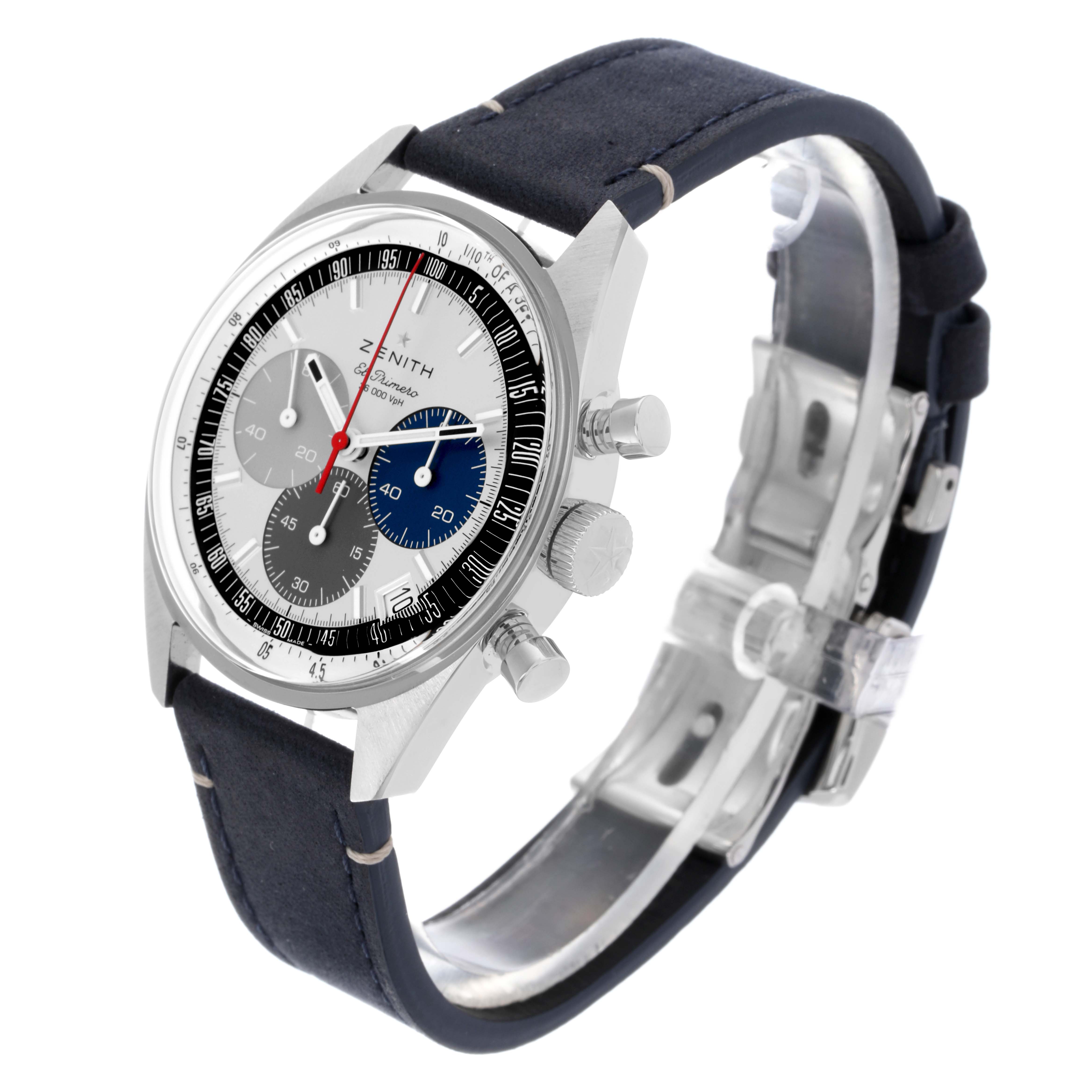 The Zenith Chronomaster 03.3200.3600/69C902 Men's Stainless Steel White Dial 03.3200.3600/69C902 Men's Stainless Steel White Dial watch is shown at a three-quarter angle, displaying the dial, sub-dials, crown, pushers, and strap.