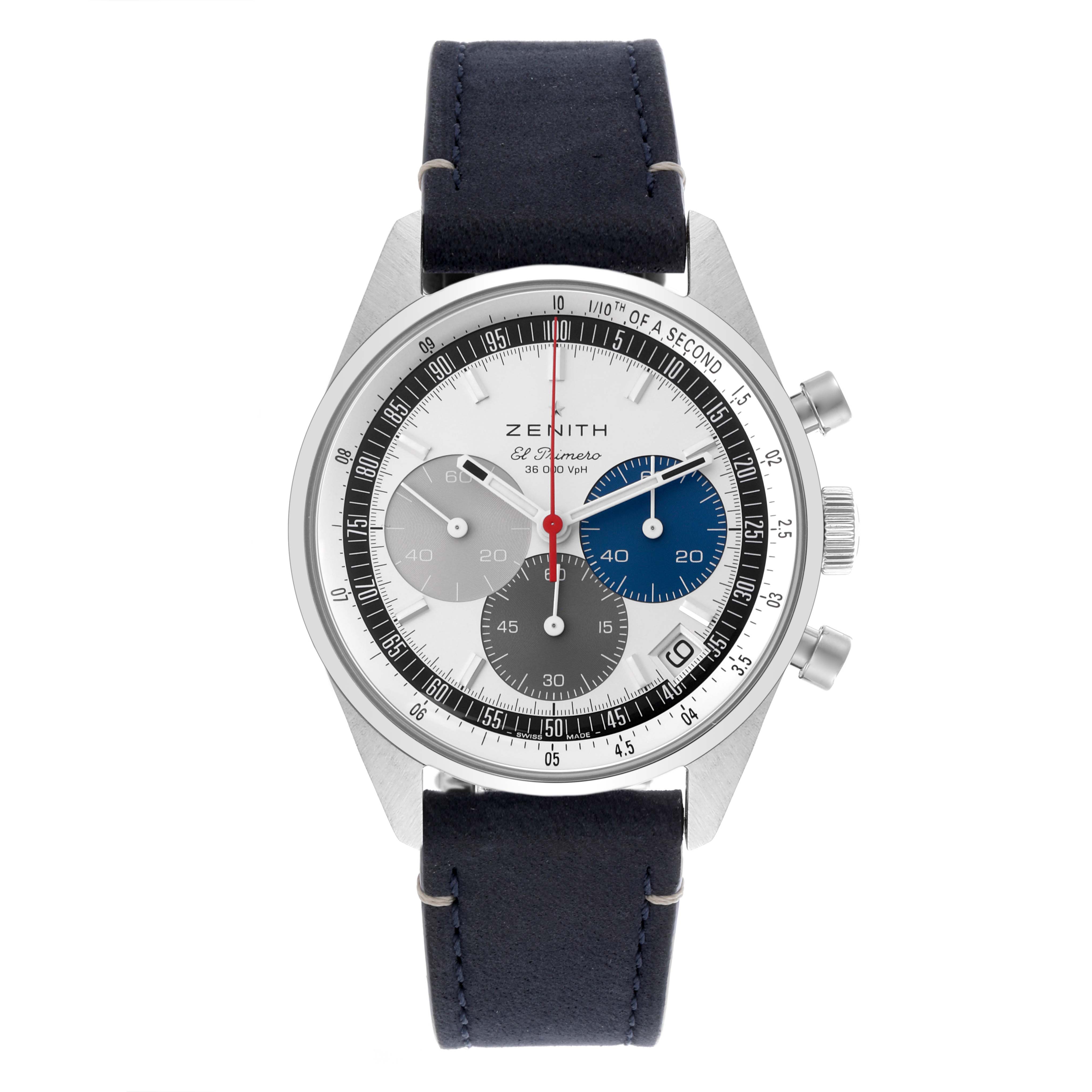 The image shows a Zenith Chronomaster 03.3200.3600/69C902 Men's Stainless Steel White Dial 03.3200.3600/69C902 Men's Stainless Steel White Dial watch from a top-down angle, displaying the dial, bezel, strap, and side pushers.