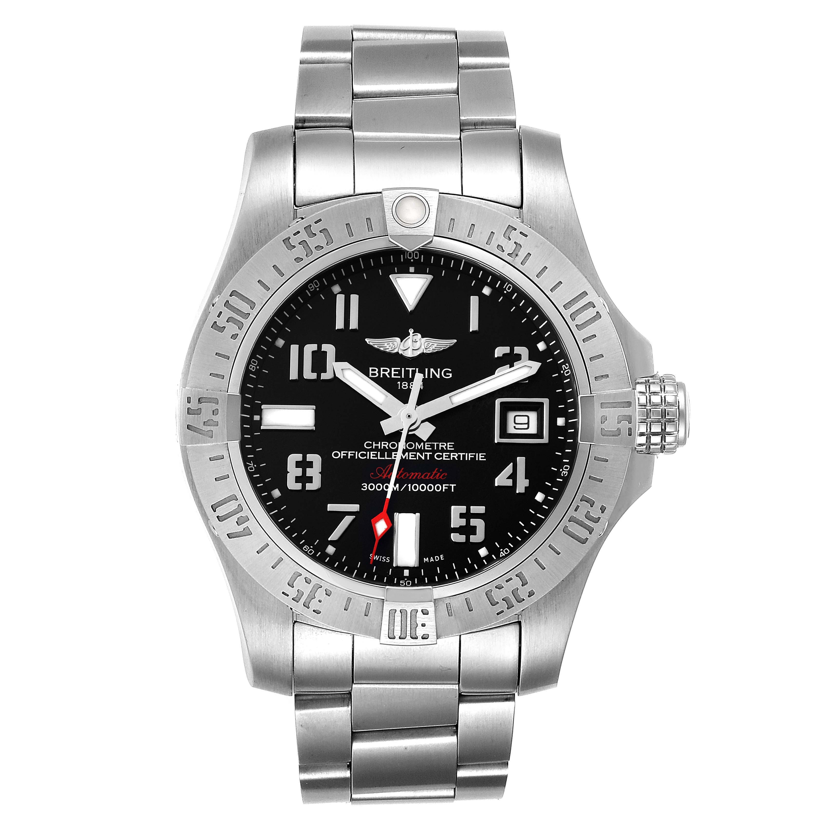 This image shows a front view of a Breitling Avenger A17331 Men's Stainless Steel Black Dial A17331 Men's Stainless Steel Black Dial watch, highlighting the face, bezel, crown, and metal bracelet.
